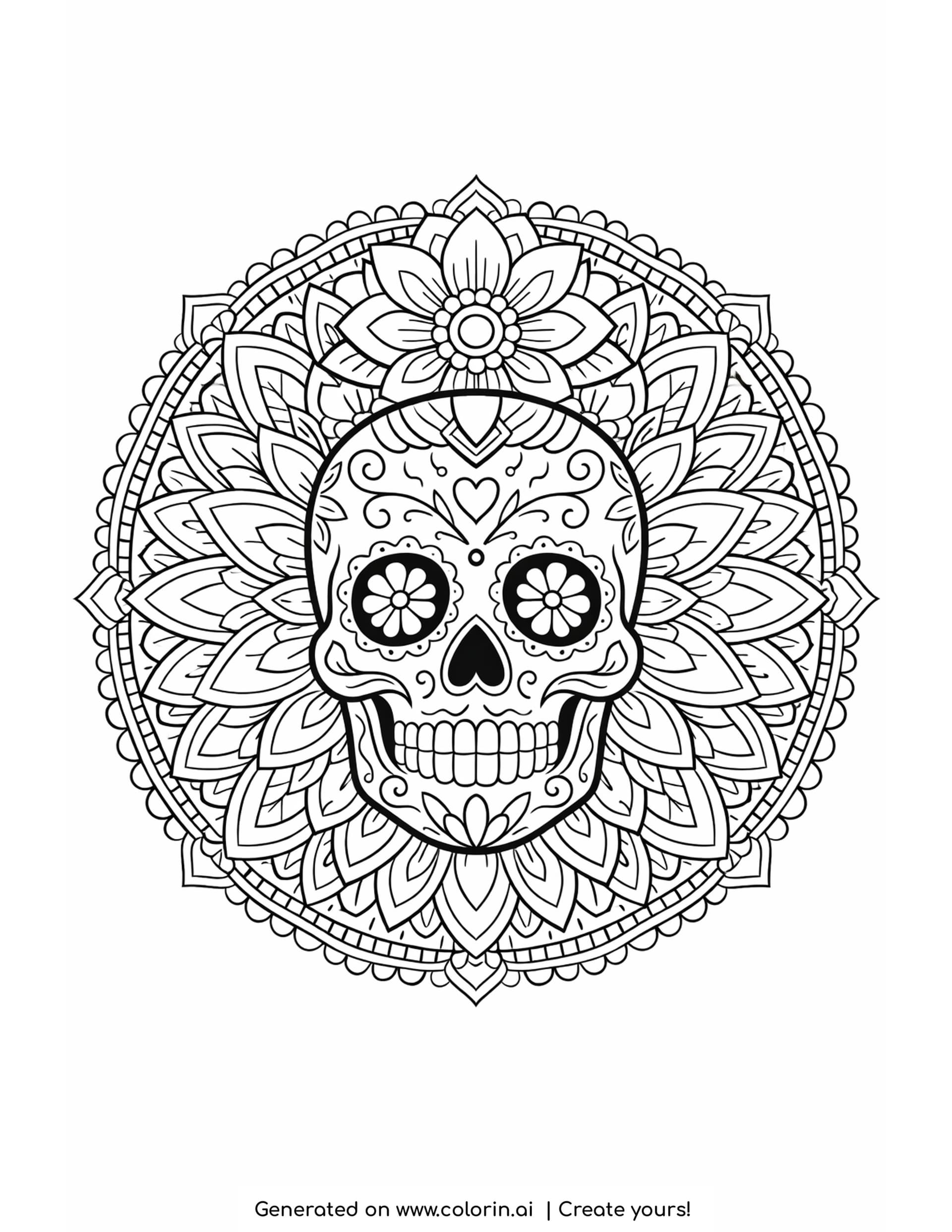 sugar skull mandala coloring pages, calavera at the centre of a circular mandala with four rings of radiating petals