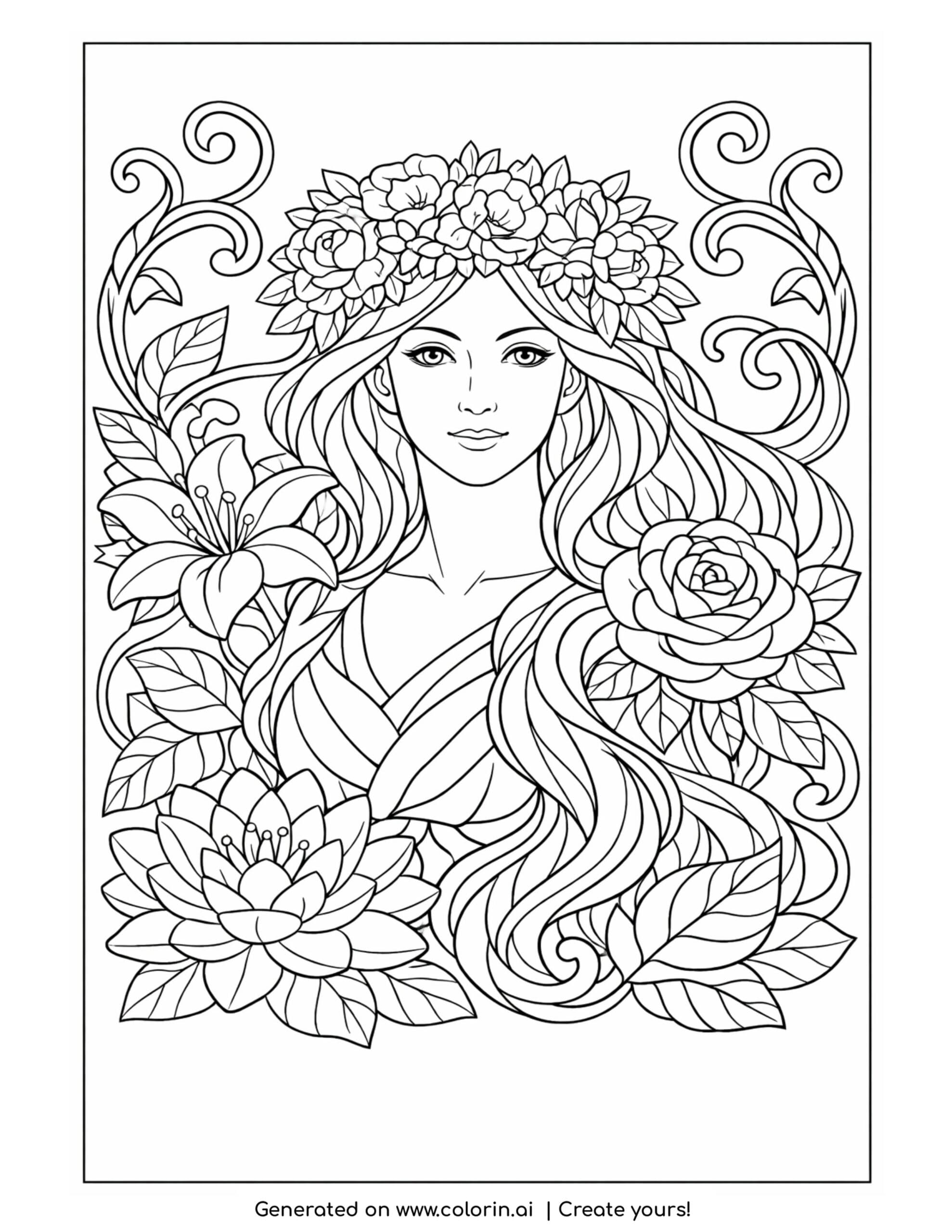 goddess with floral crown coloring page surrounded by flowers and leaves