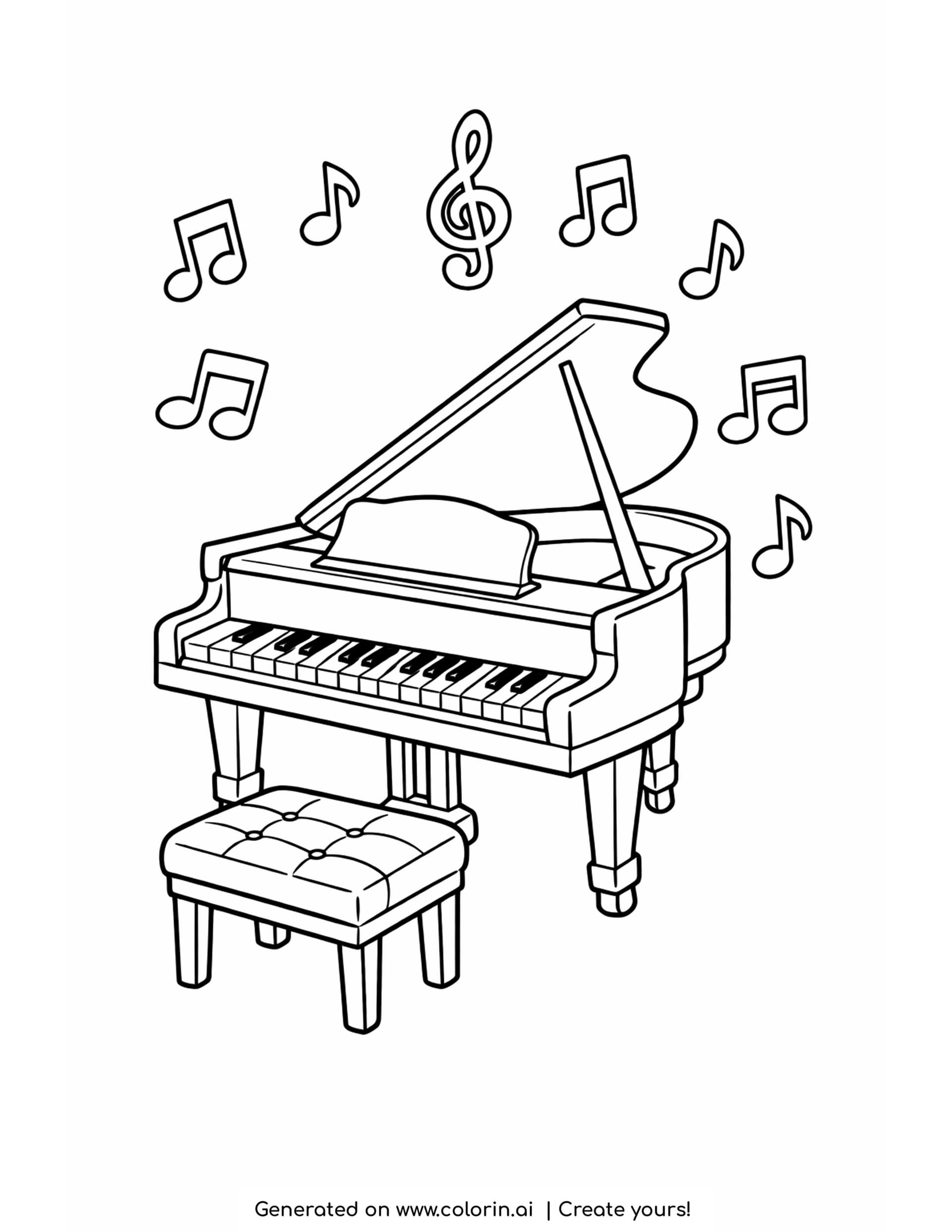 grand piano coloring pages - grand piano with the lid raised, a tufted bench and notes floating above