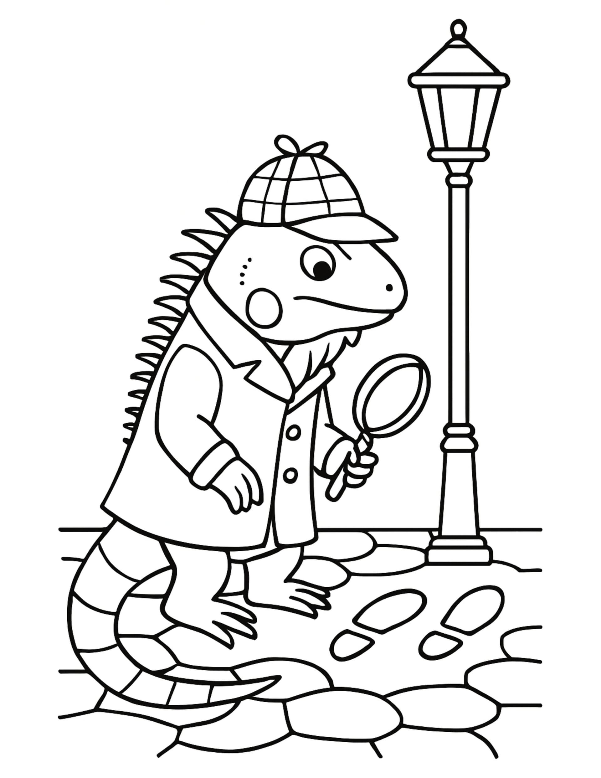 lizard detective tracking footprints coloring page, lizard in trench coat with magnifying glass under streetlamp coloring page