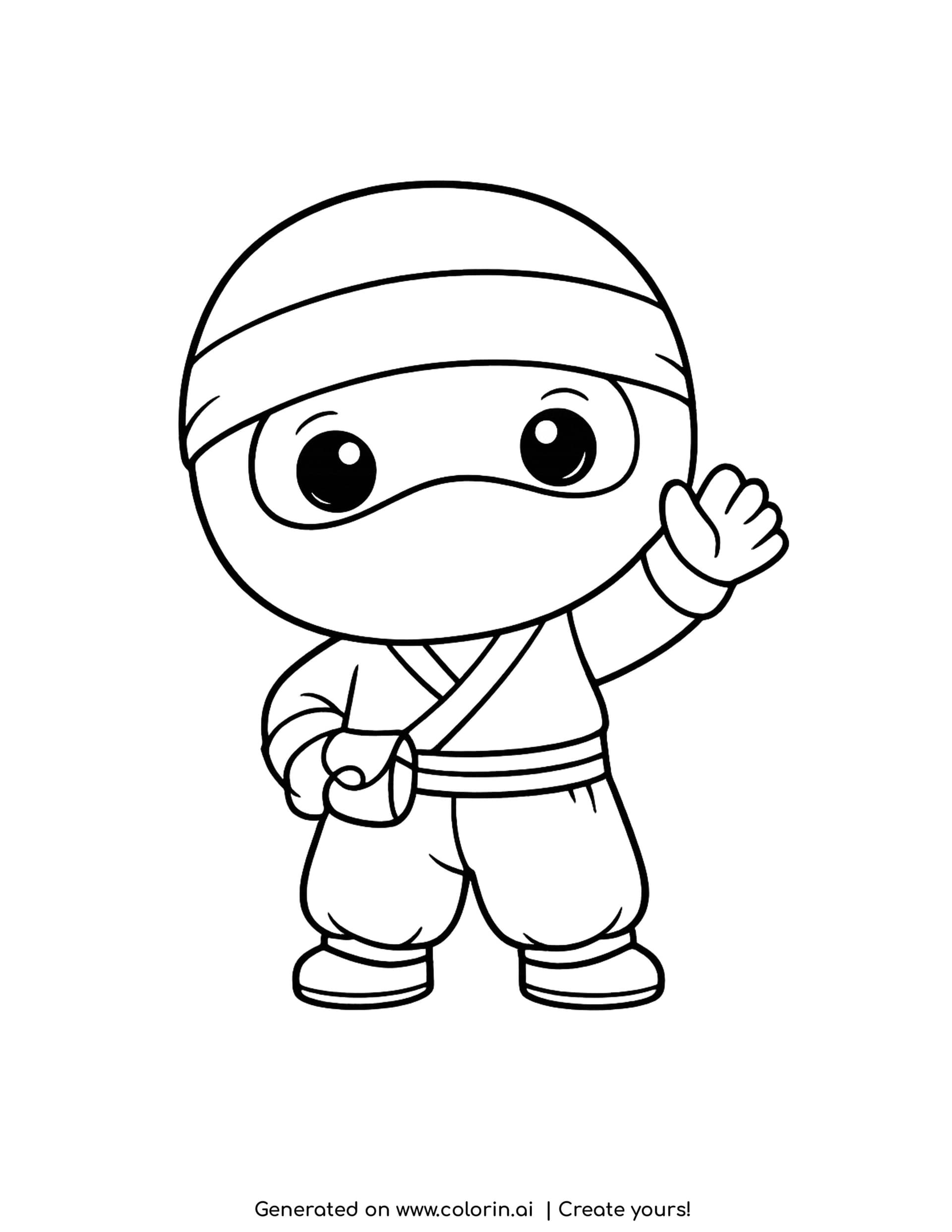 ninja coloring pages - cute chibi ninja waving one hand, with a banded headband and a crossed jacket