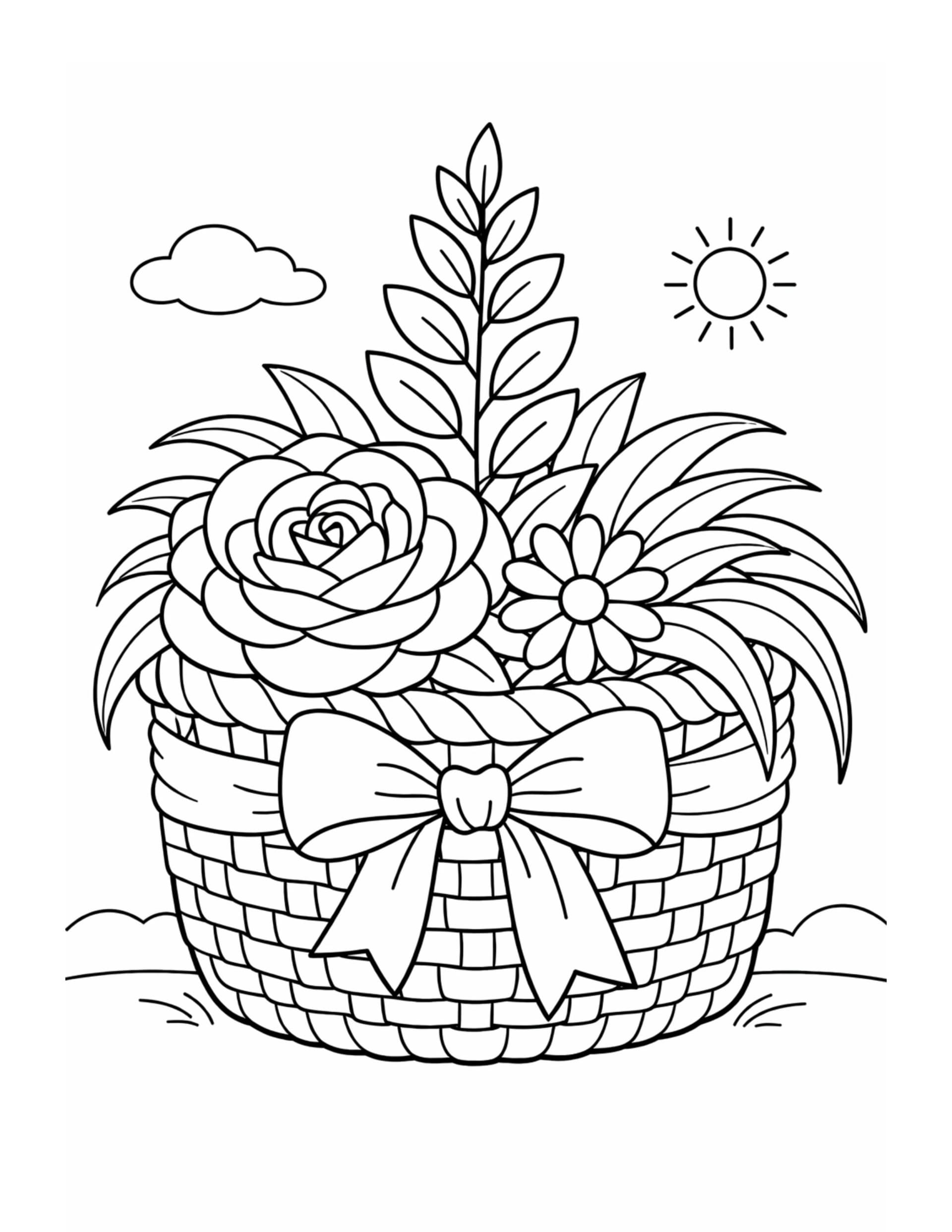 flower basket under sunny sky coloring page with woven basket, ribbon bow, leaves, sun and cloud coloring page