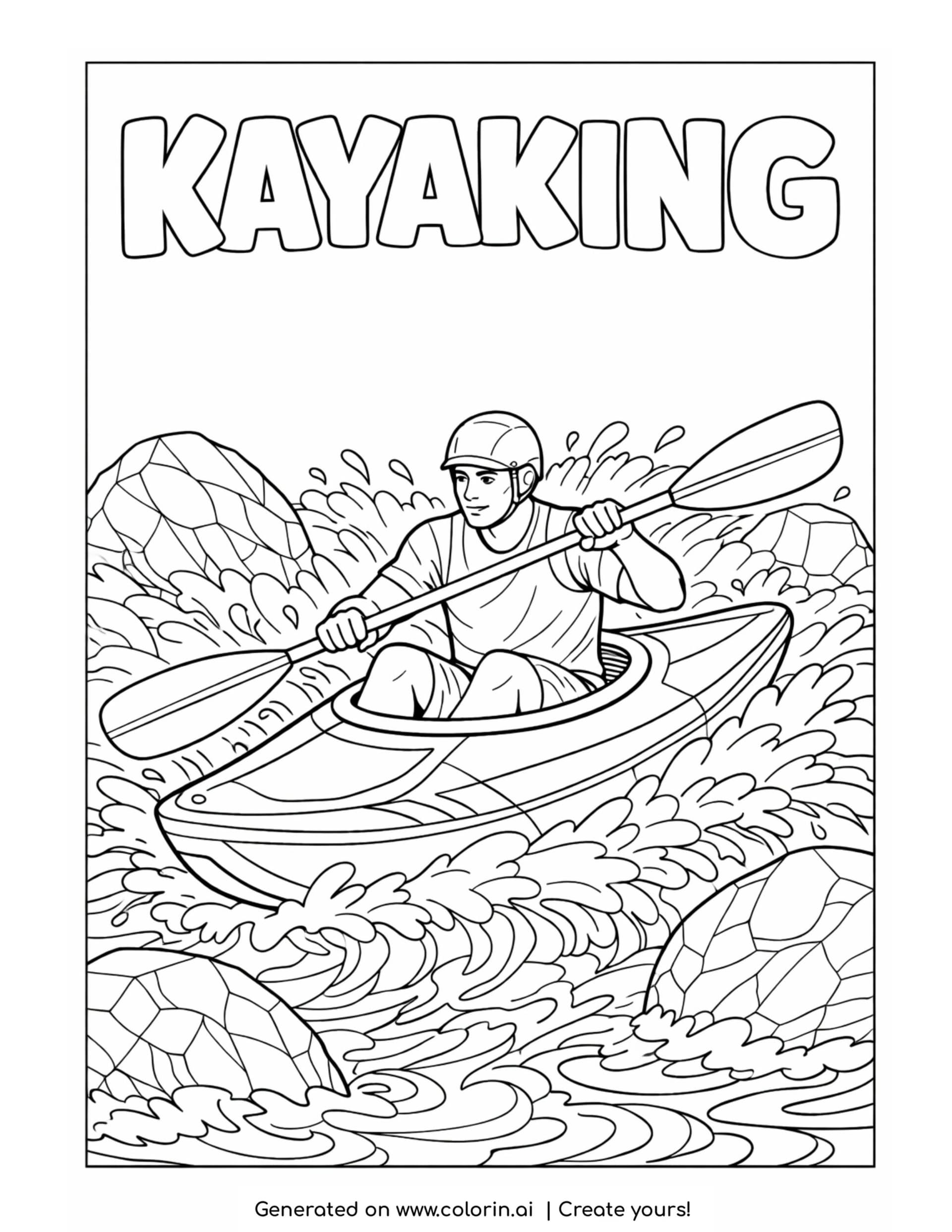 kayaker paddling through river waves coloring page with splashes and rocks