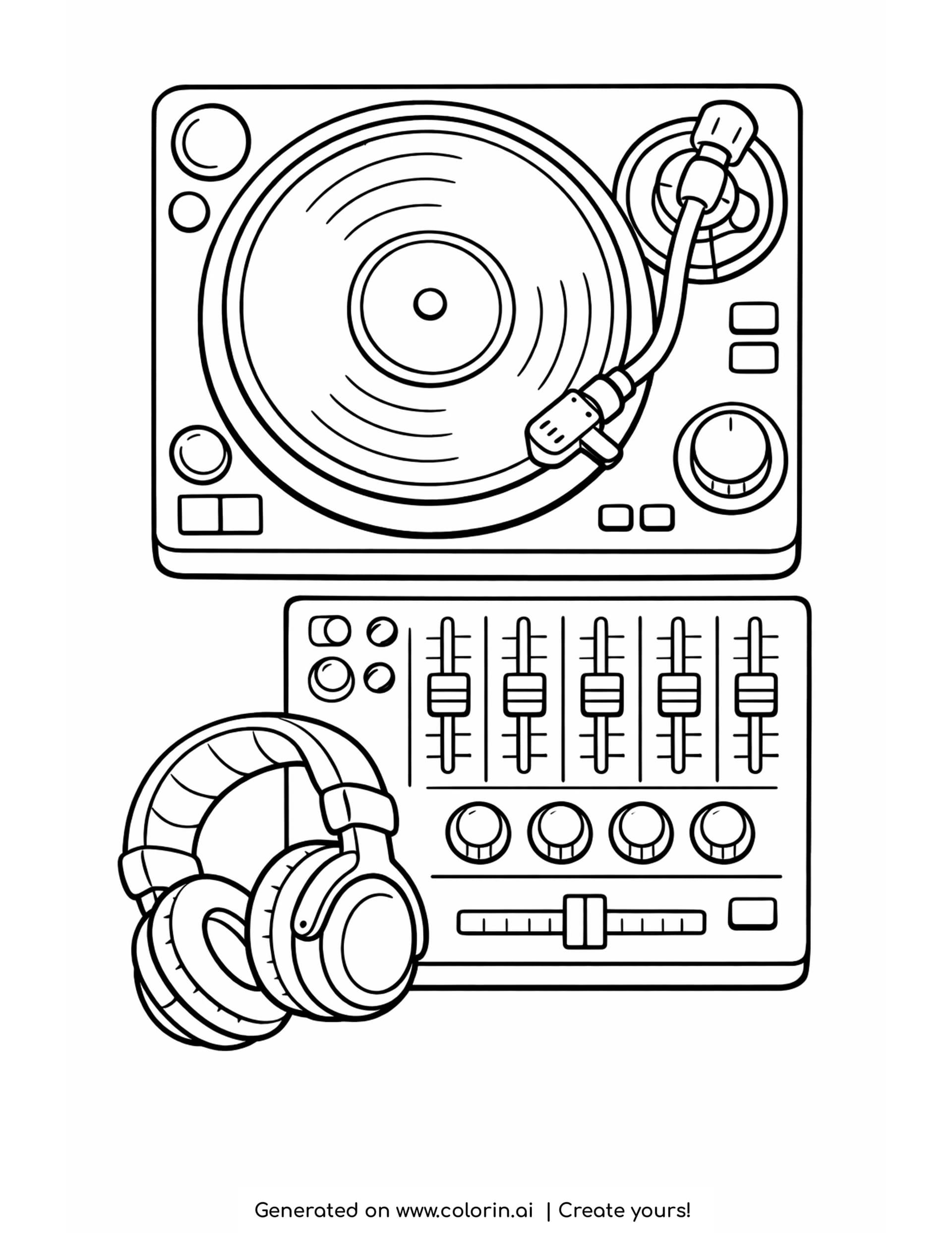 dj turntable coloring pages - a deck seen from above with a spinning record, tonearm and a mixer with five faders below