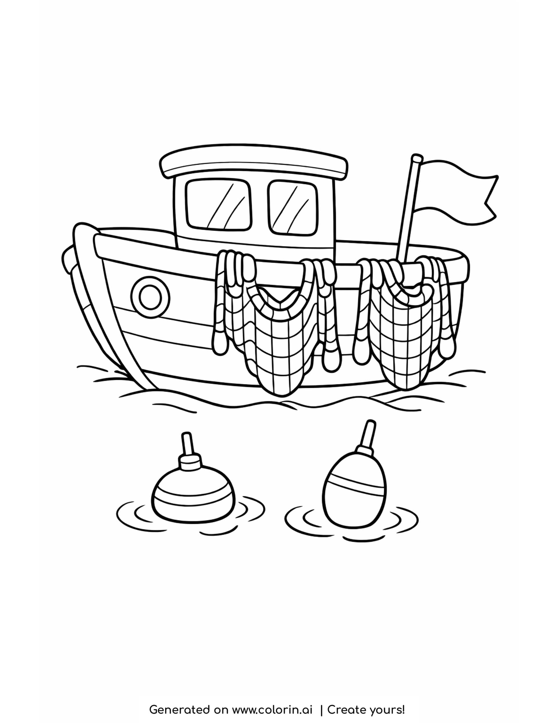 fishing boat coloring pages - a small fishing boat with a wheelhouse, a flag and two nets hanging over the rail, with two floats below