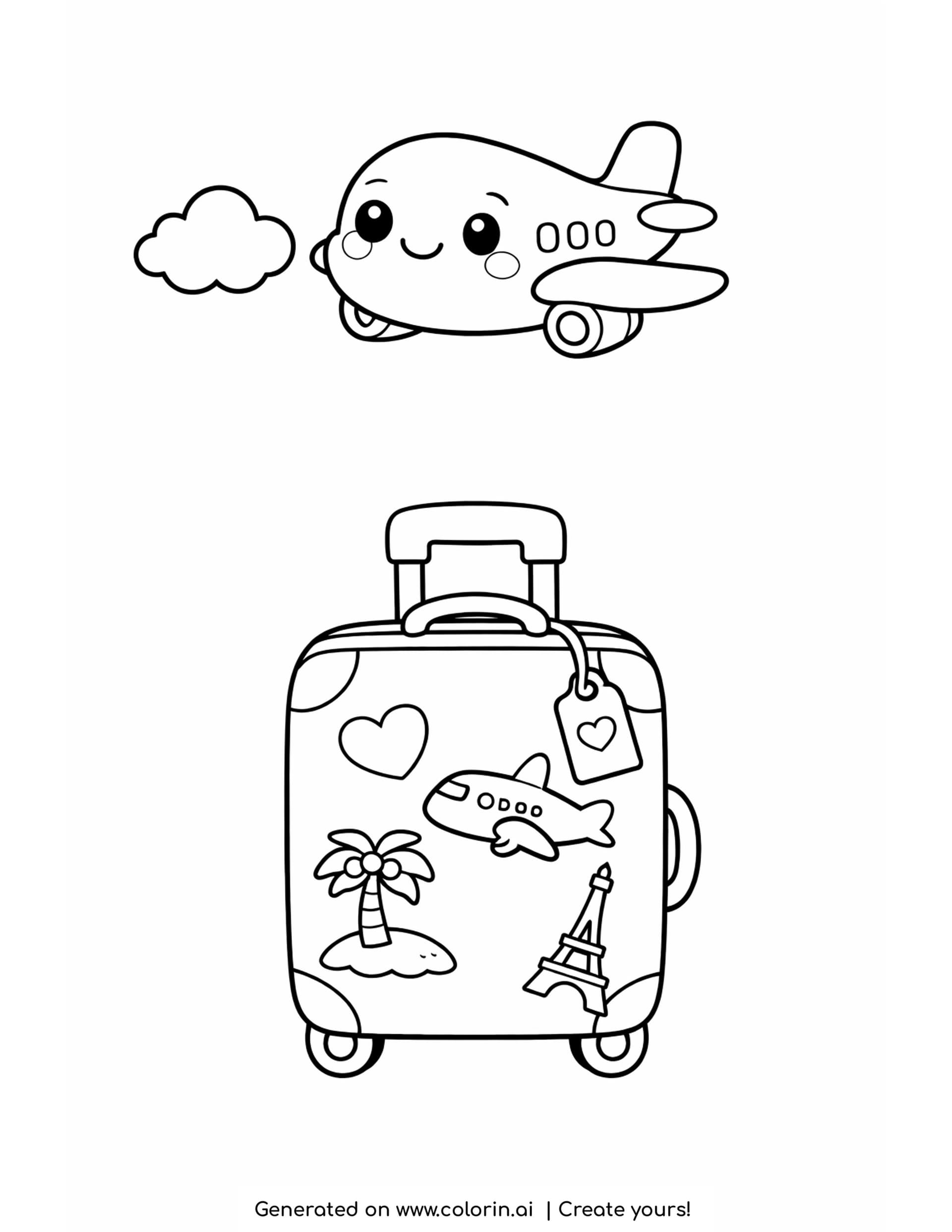 suitcase coloring pages — upright suitcase with travel stickers and a luggage tag, small plane above