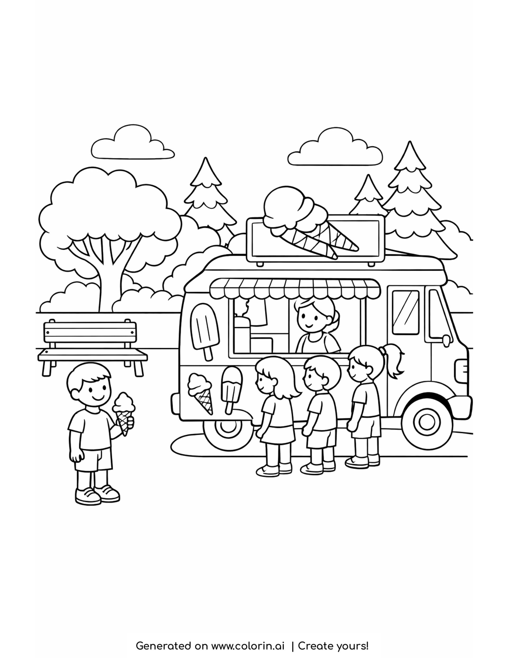 ice cream truck in the park coloring pages: children queueing at an ice cream truck window in a park