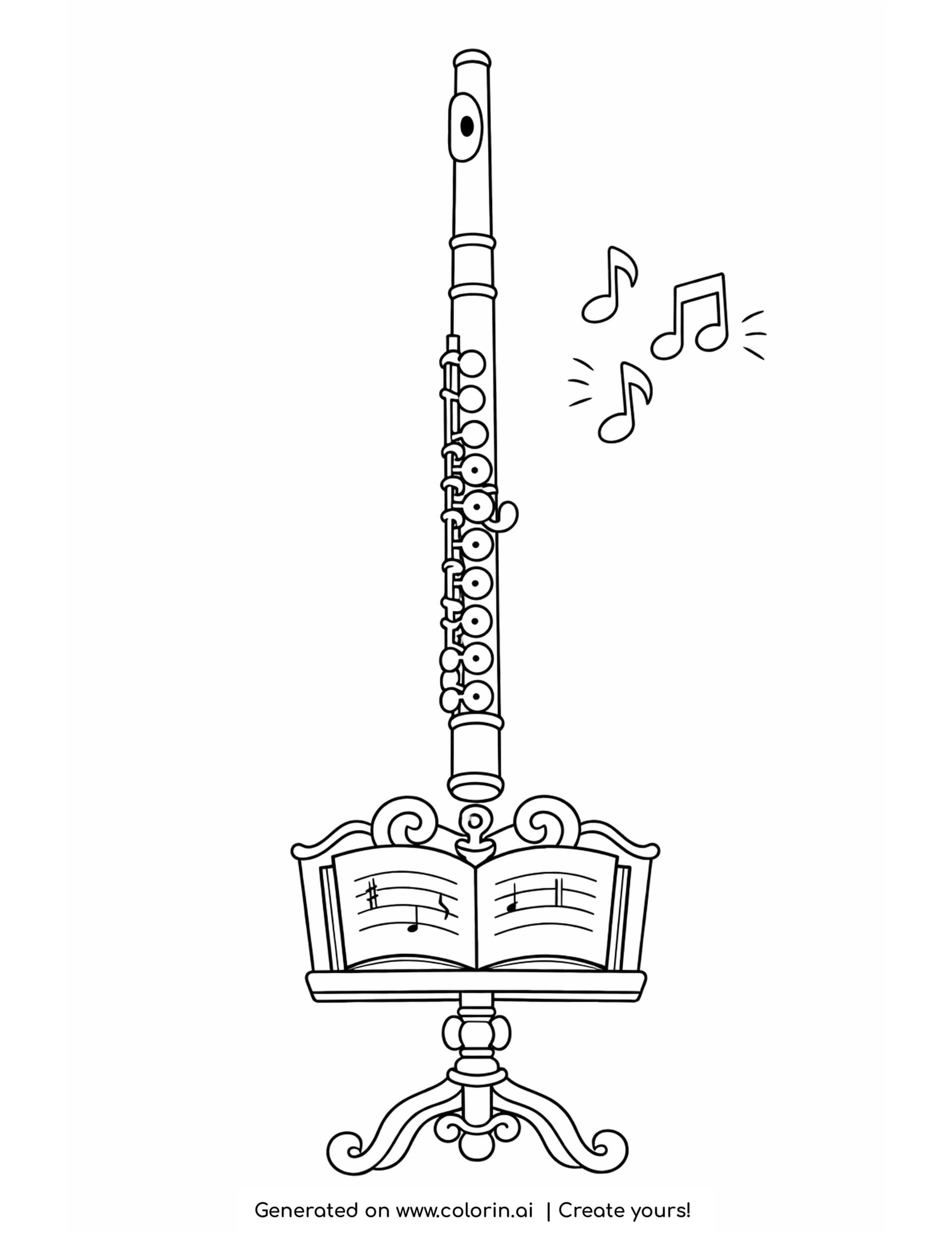 flute coloring pages - upright flute resting on an ornate music stand with an open book of sheet music
