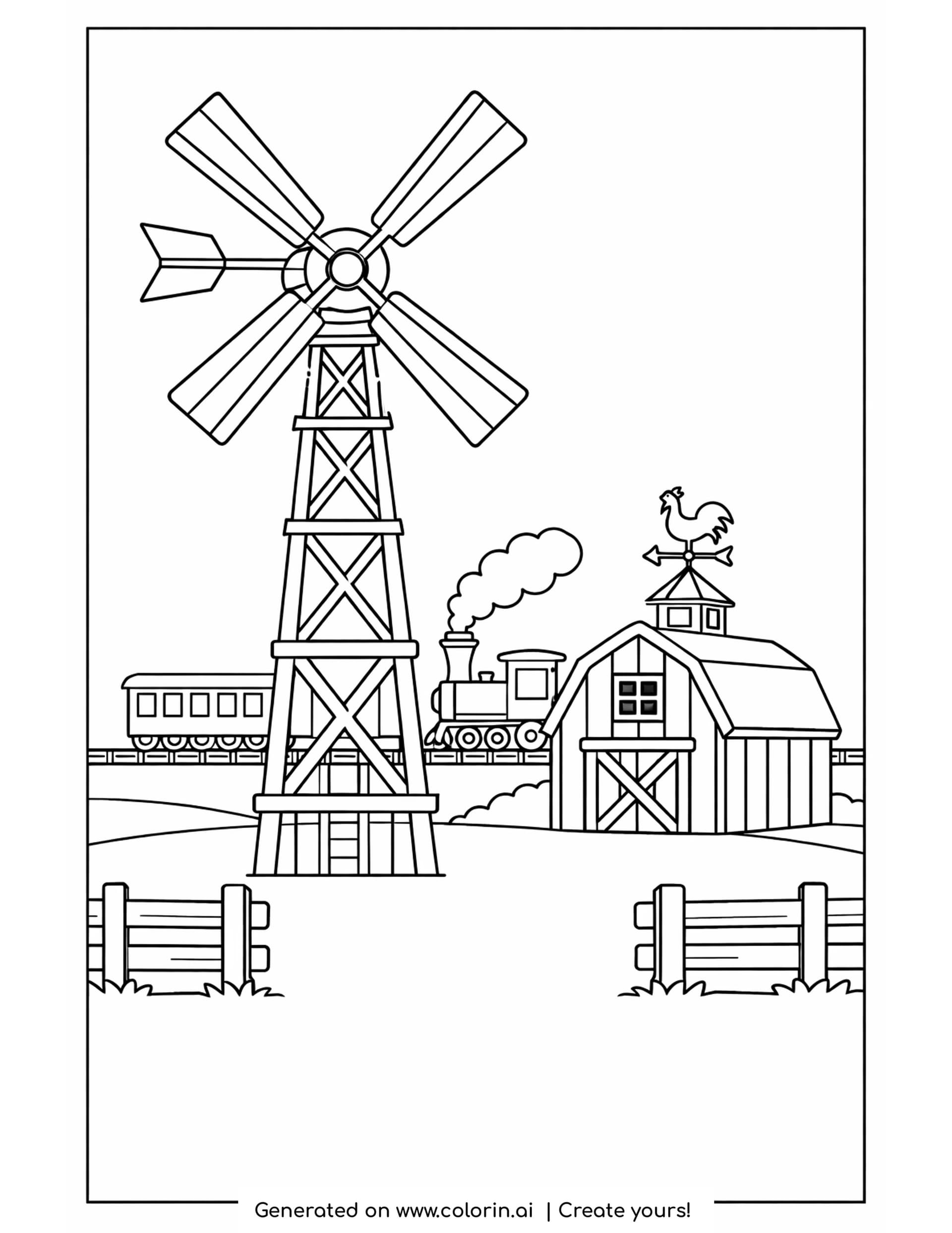 windmill coloring pages: a tall lattice farm windmill with six blades beside a barn with a rooster weathervane and a train