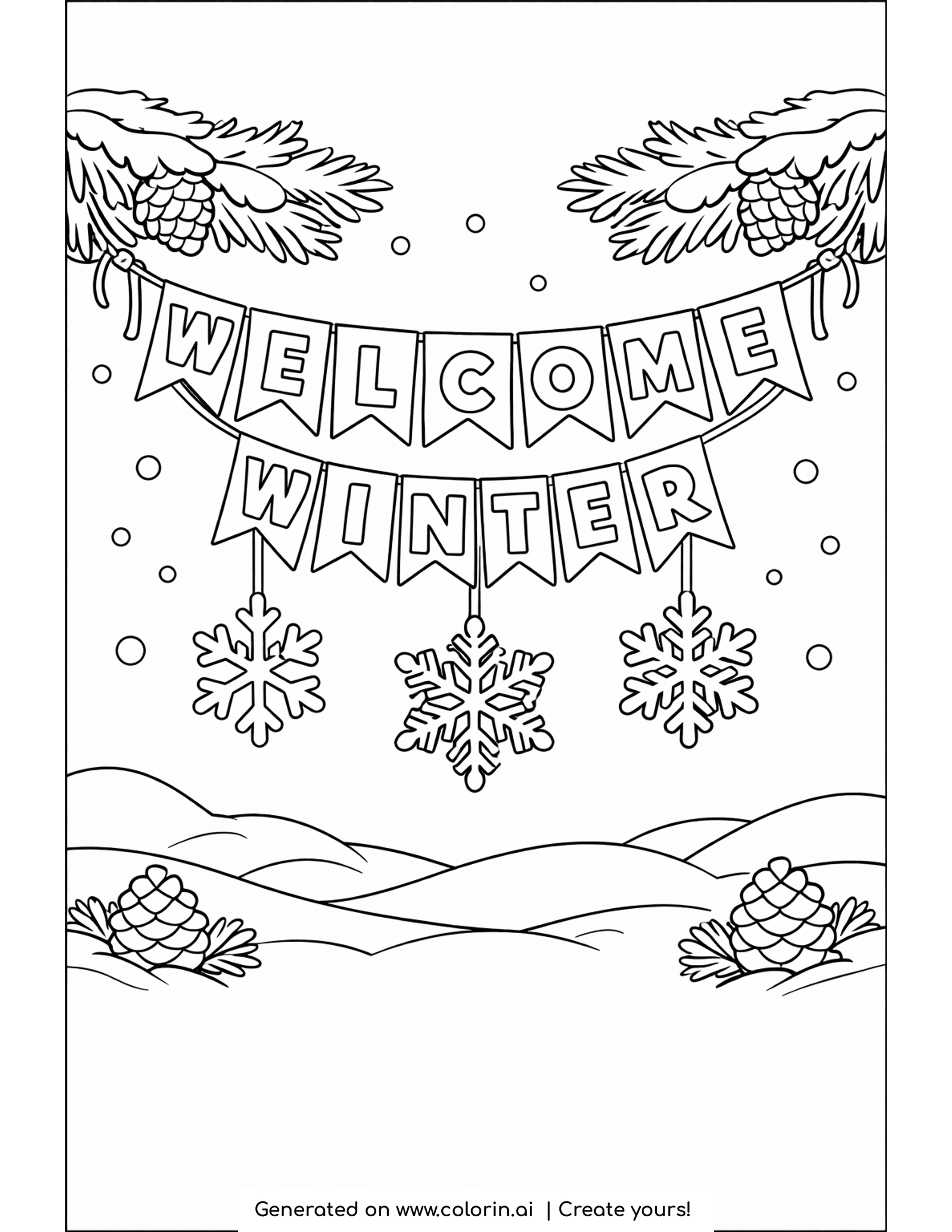 winter coloring pages, a WELCOME WINTER bunting banner with snowflakes and pinecones