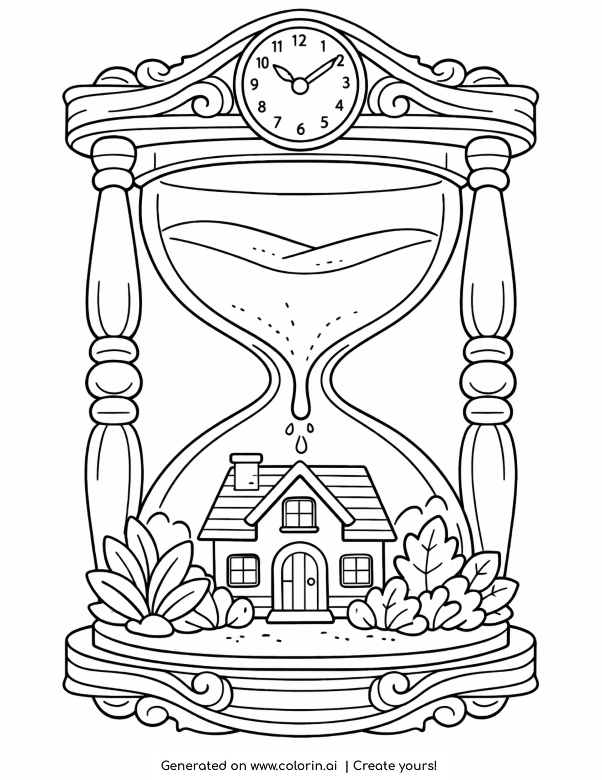 house inside hourglass with falling sand coloring page with small home and plants inside