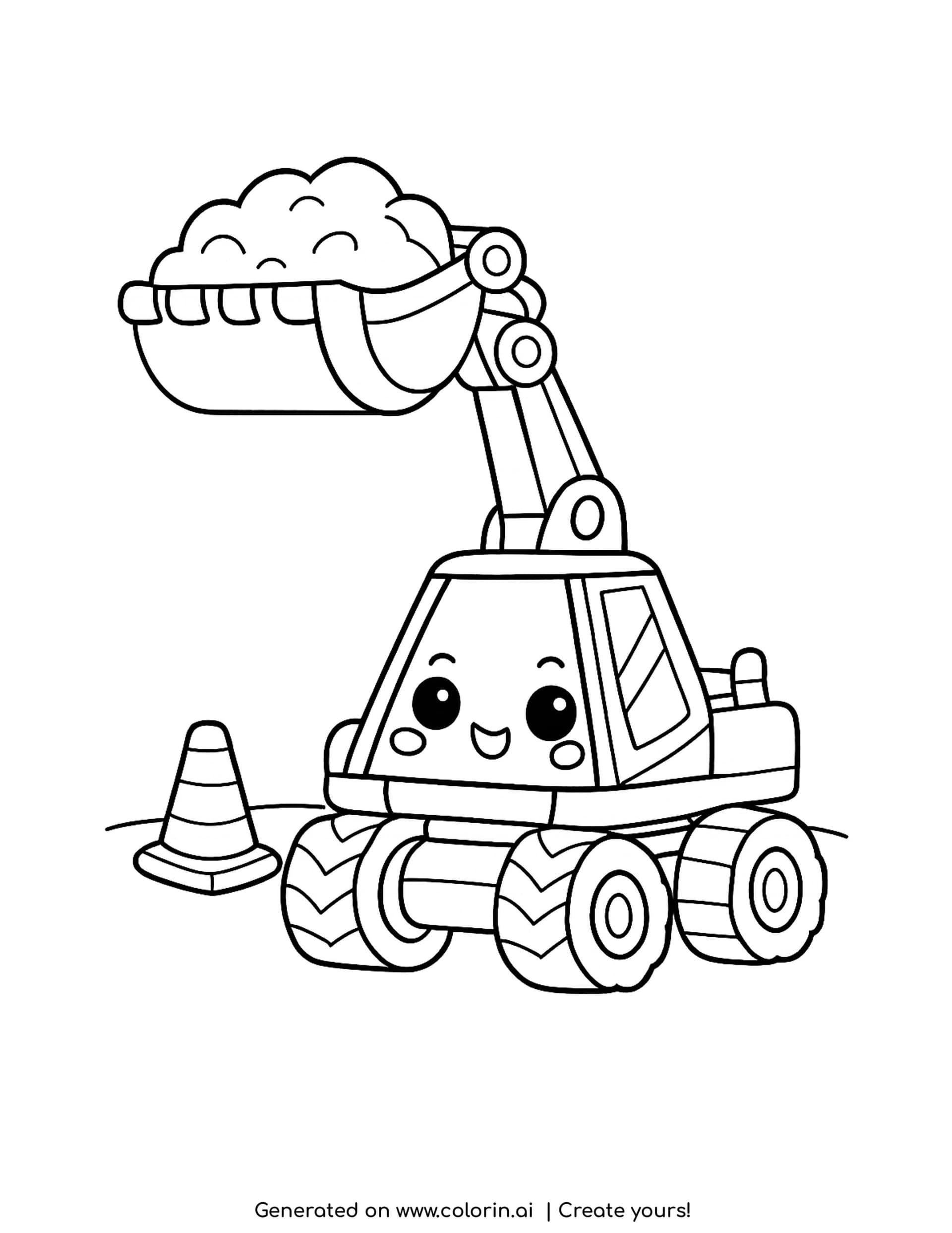 excavator coloring pages, a cute smiling excavator lifting a bucket of rounded dirt high above its cab beside a traffic cone