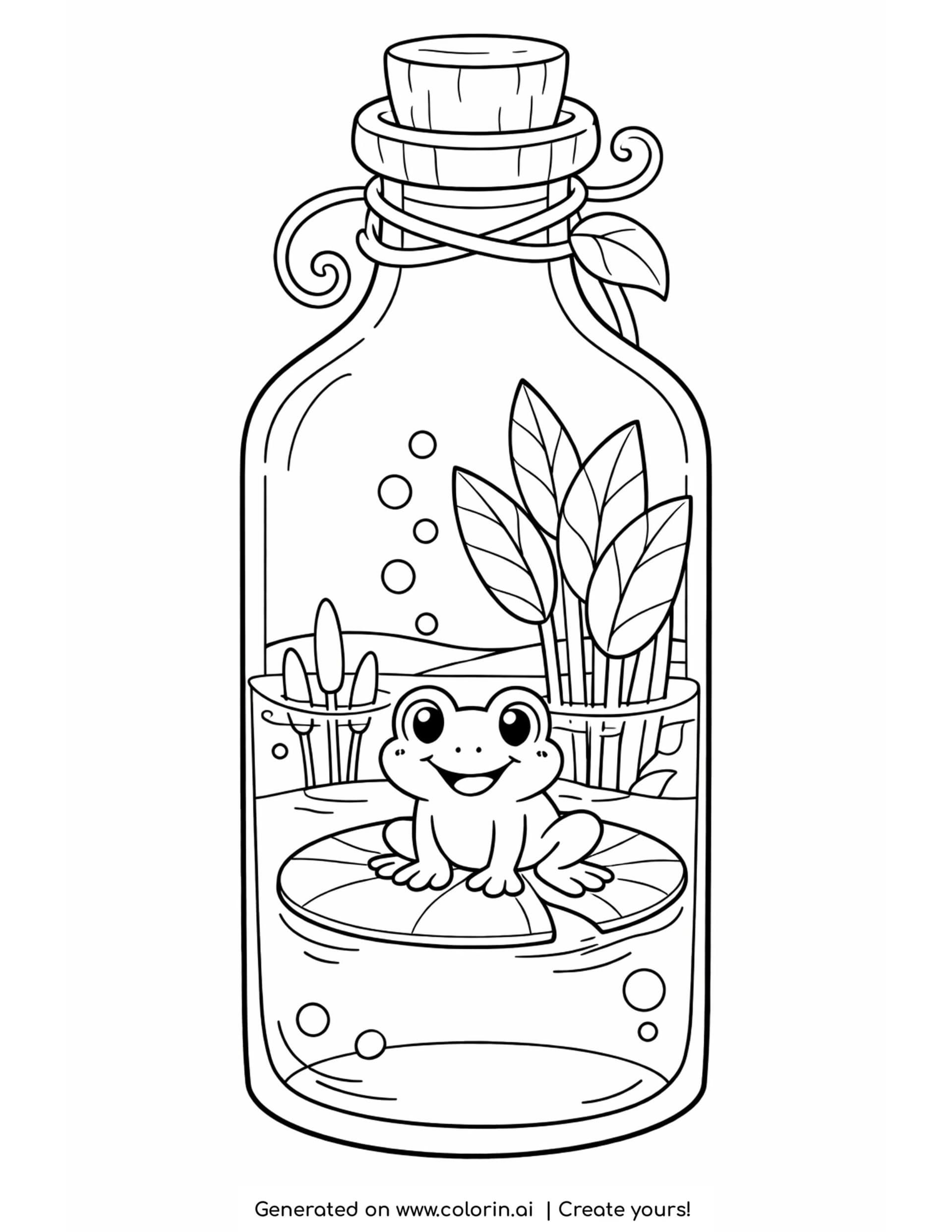 frog sitting on lily pad inside a glass bottle with plants coloring page