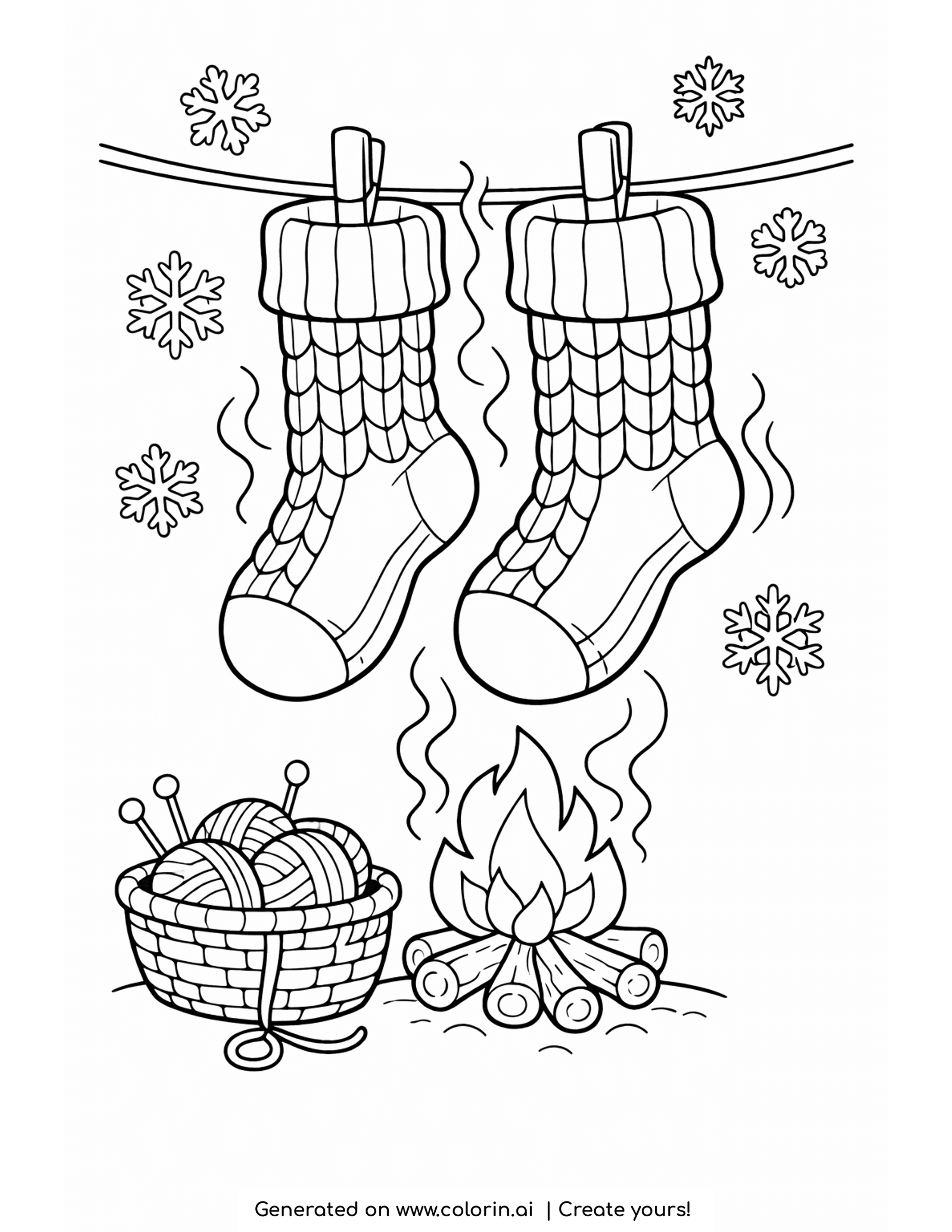 cozy winter coloring pages, a pair of knitted socks hanging on a line above a fire with a basket of yarn