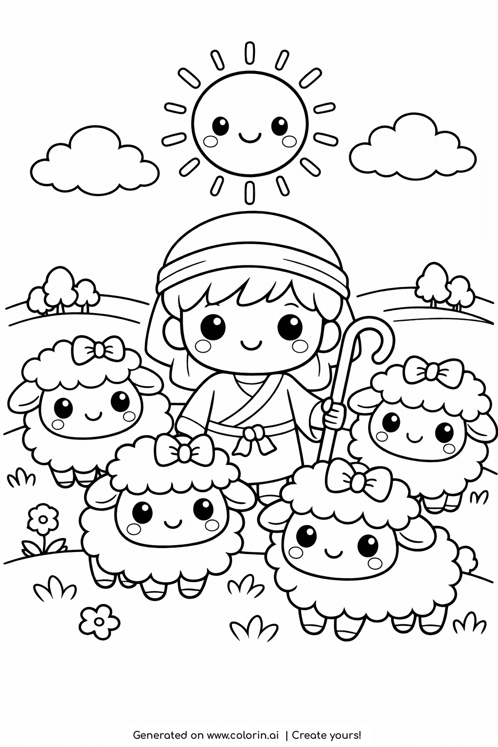 bible coloring pages for toddlers, cheerful shepherd boy David with a staff among fluffy smiling sheep
