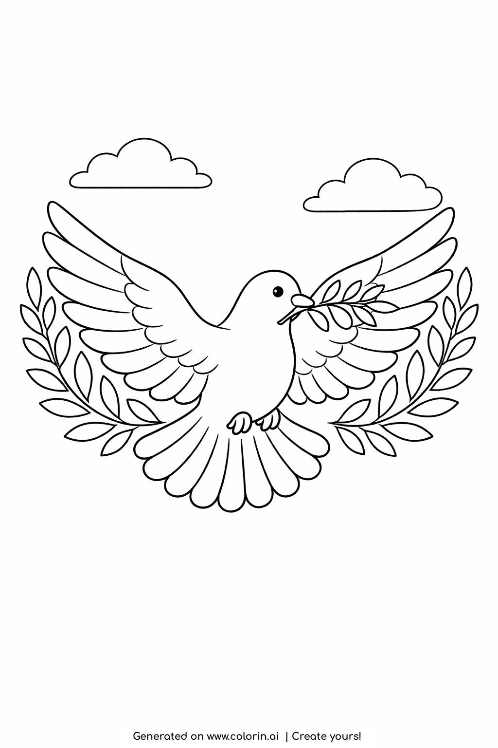 bible coloring pages for toddlers, one big friendly dove with wide wings carrying an olive branch
