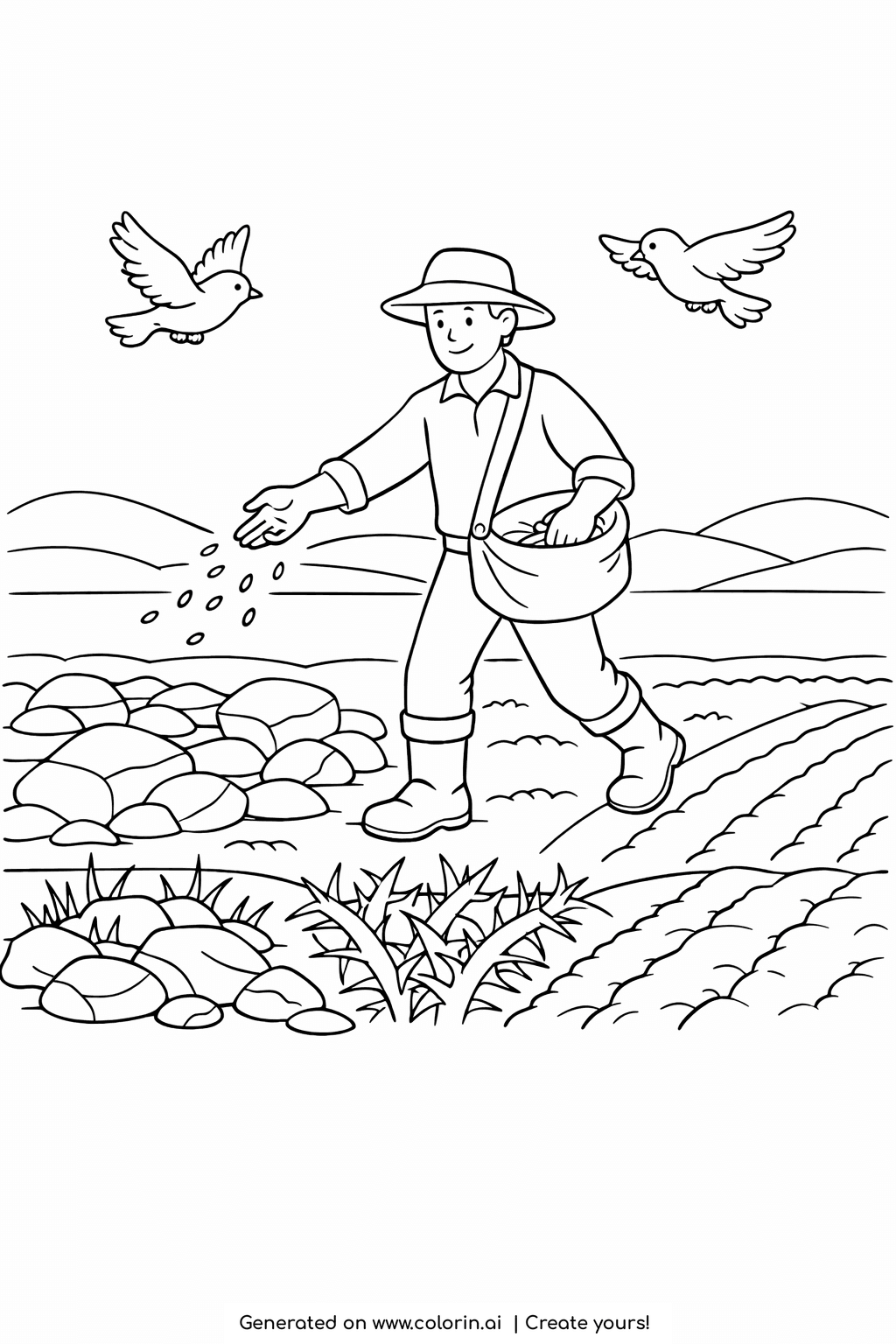 bible stories coloring pages, the sower walking a plowed field scattering seeds as two birds fly overhead