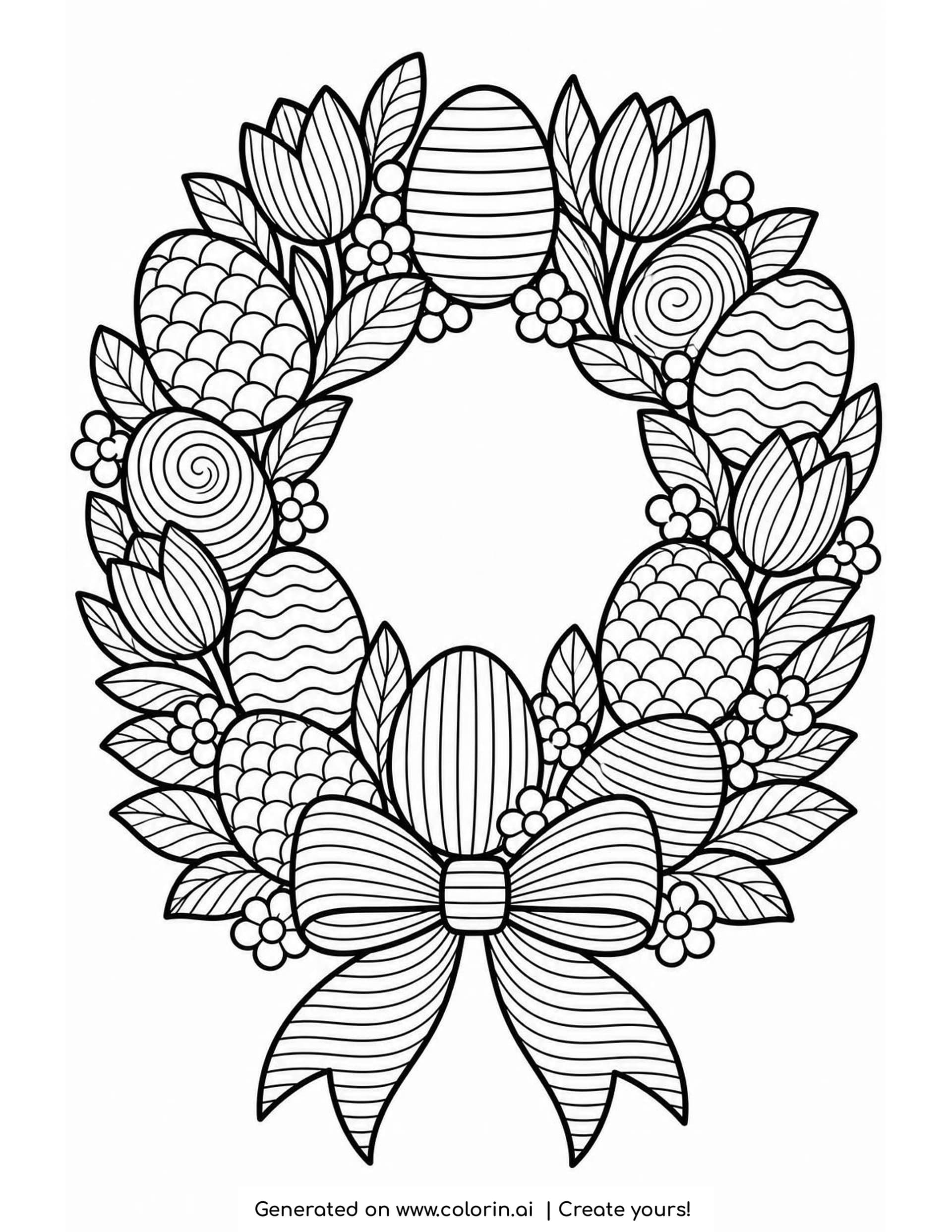 Adult Easter coloring page of a round wreath of ten patterned eggs, four striped tulips, leaves and small blossoms with a striped ribbon bow at the bottom