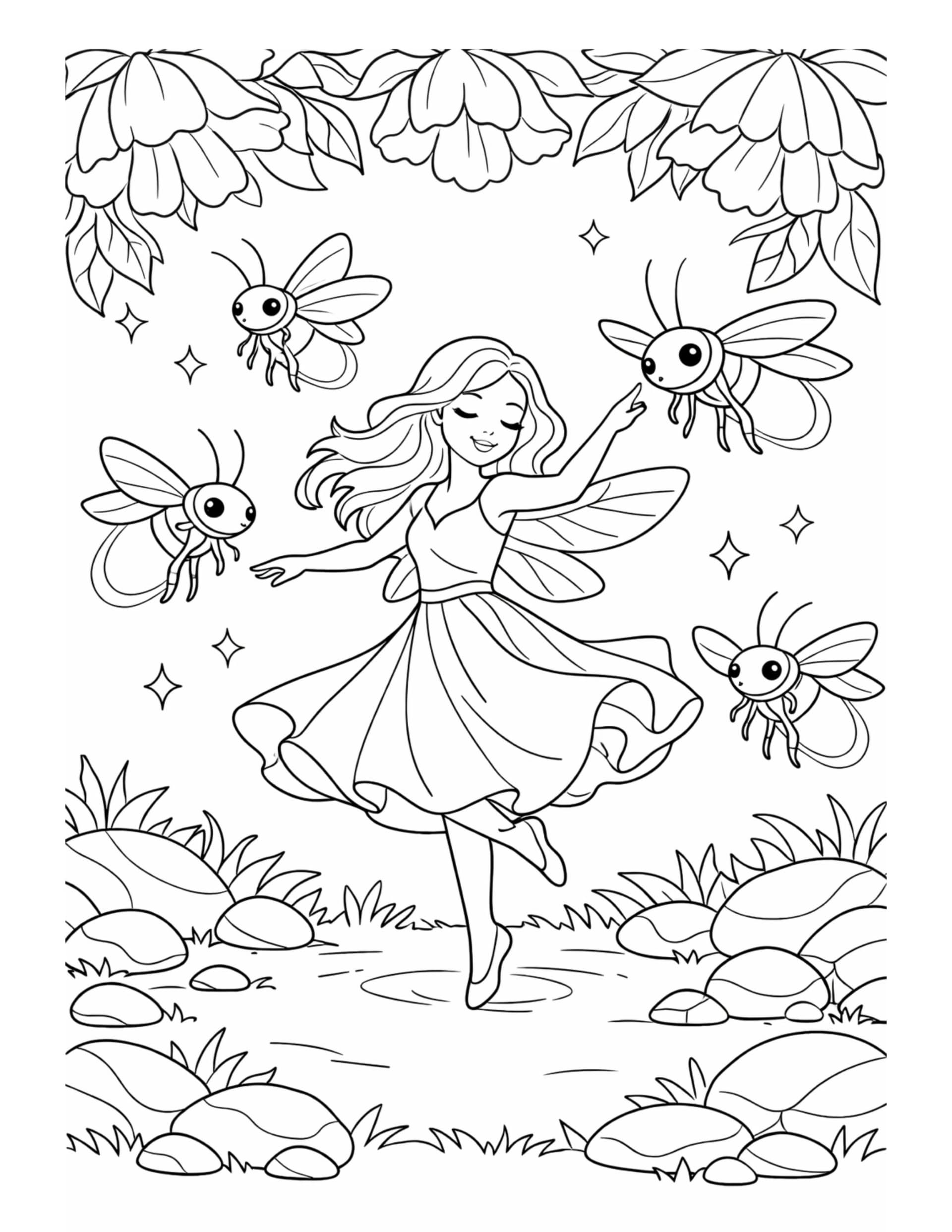 fairy dancing with fireflies coloring page featuring a graceful fairy surrounded by glowing insects