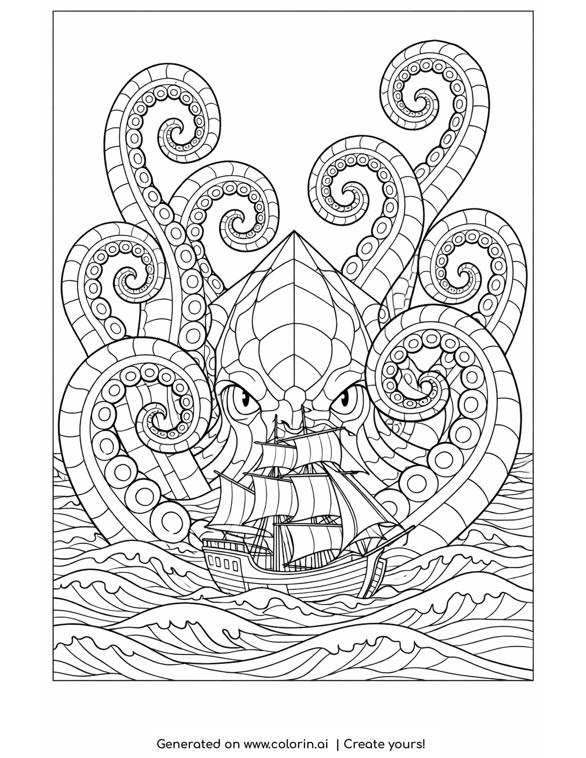 kraken coloring pages - a patterned kraken with eight curling tentacles ringed with suckers rising around a three masted sailing ship
