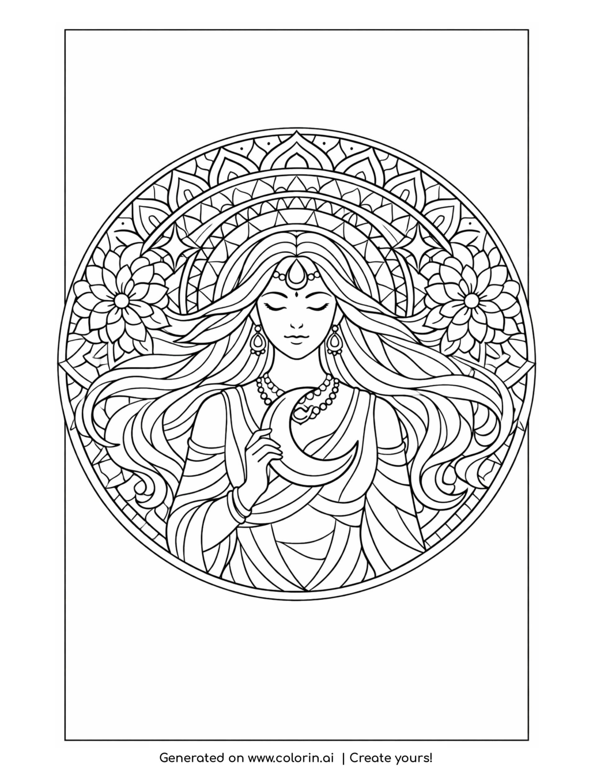 goddess resting within sacred mandala coloring page with floral patterns and crescent detail