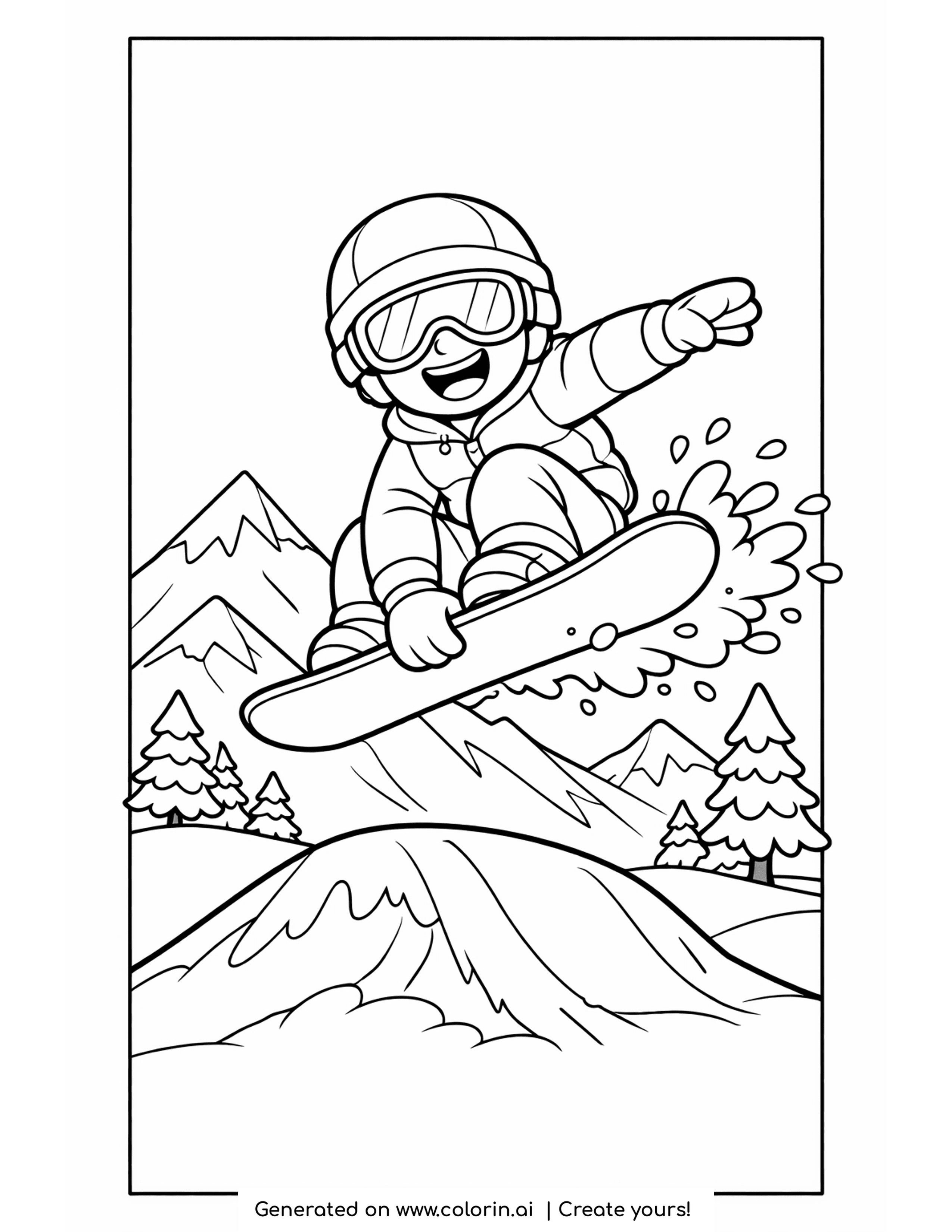 snowboard coloring pages, a snowboarder jumping off a ramp high above snowy peaks and pine trees