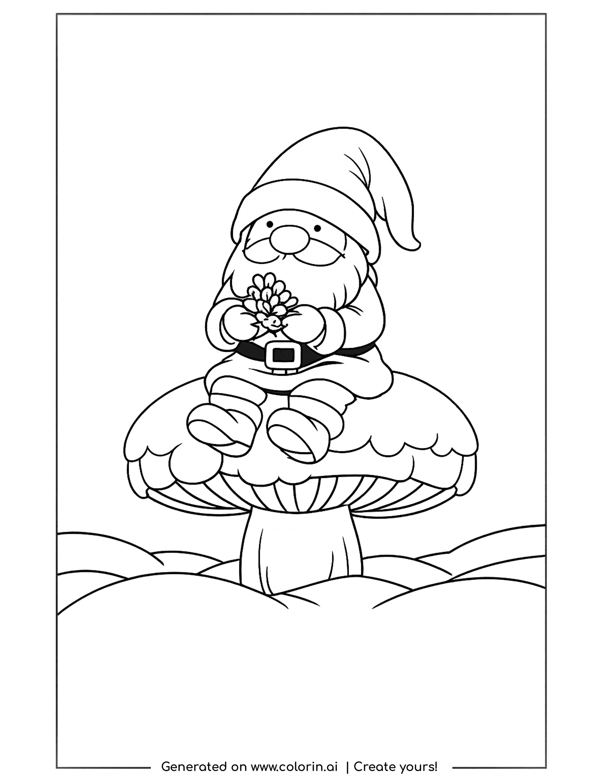winter gnome coloring pages, a gnome sitting on a large snow-dusted mushroom holding a flower