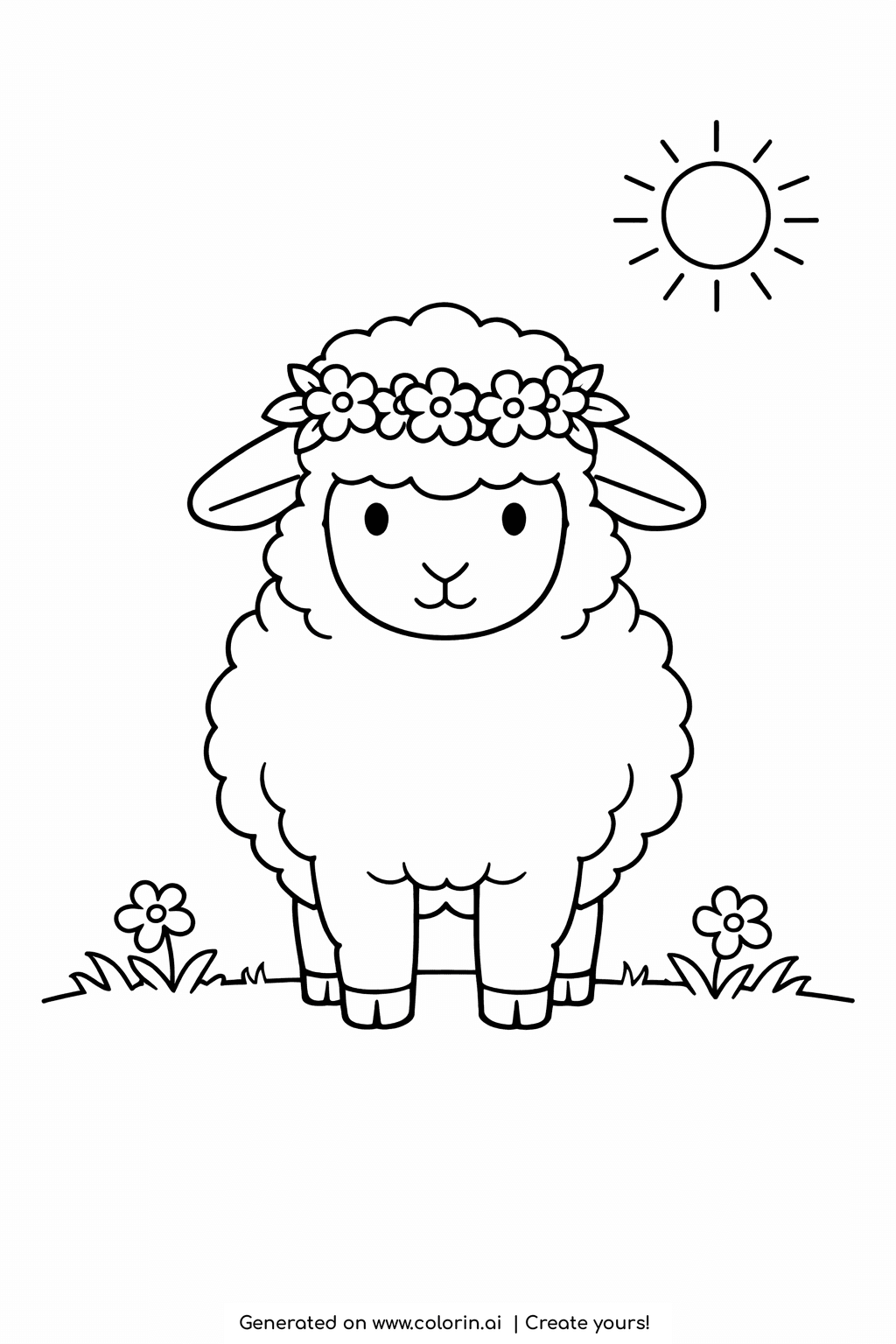 bible coloring pages for toddlers, one fluffy gentle lamb with a flower crown standing on the grass