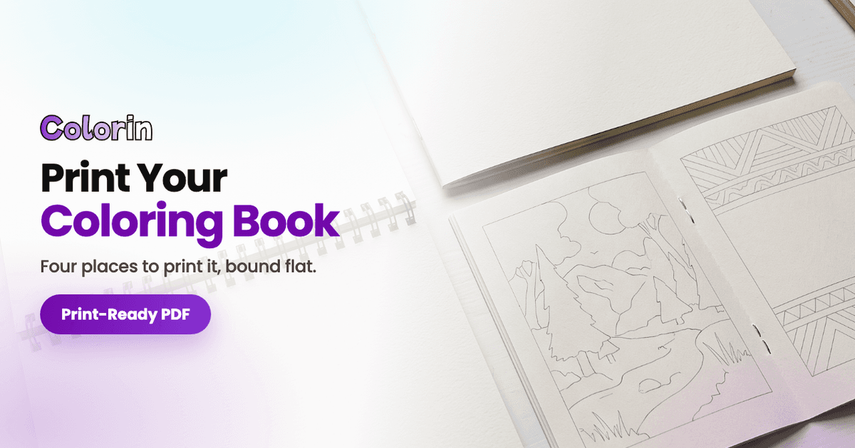 Two copies of the same coloring book, one spiral bound lying open and one stapled, with the guide title over them