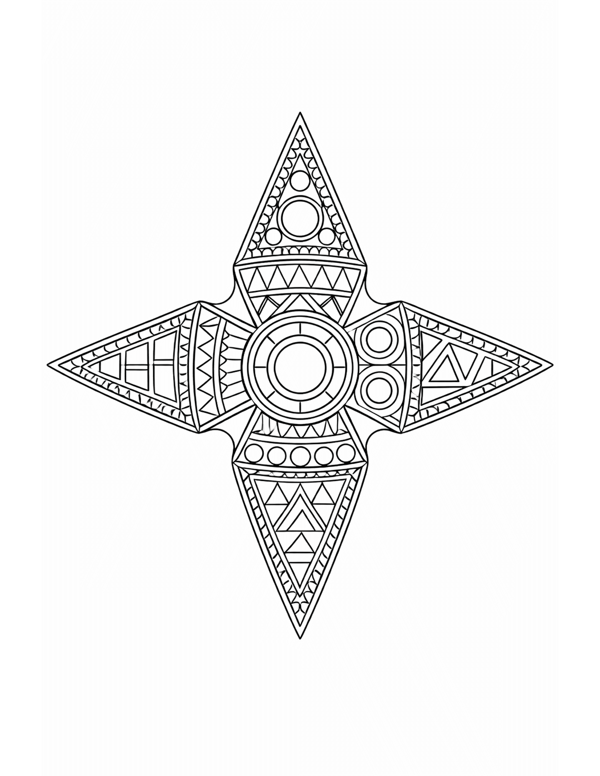 patterned ninja star coloring pages - four pointed throwing star with each point filled with bands of triangles and circles