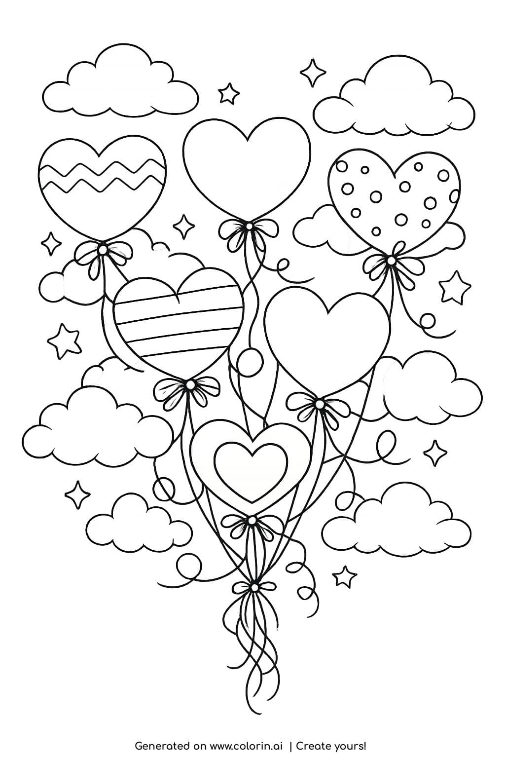 heart balloons floating in the sky coloring page with clouds stars and ribbons coloring page