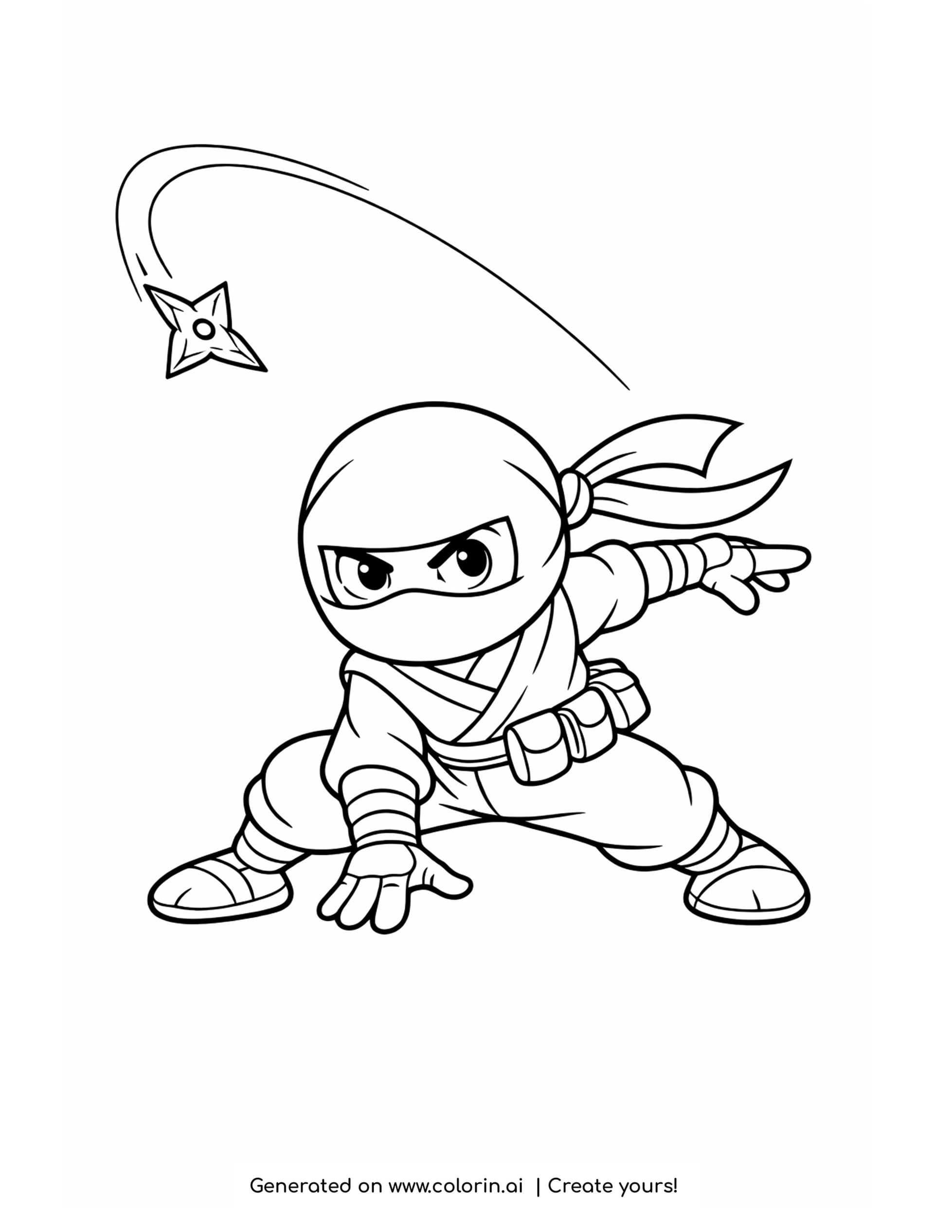 ninja throwing a star coloring pages - ninja in a low stance with a four pointed star trailing a motion arc