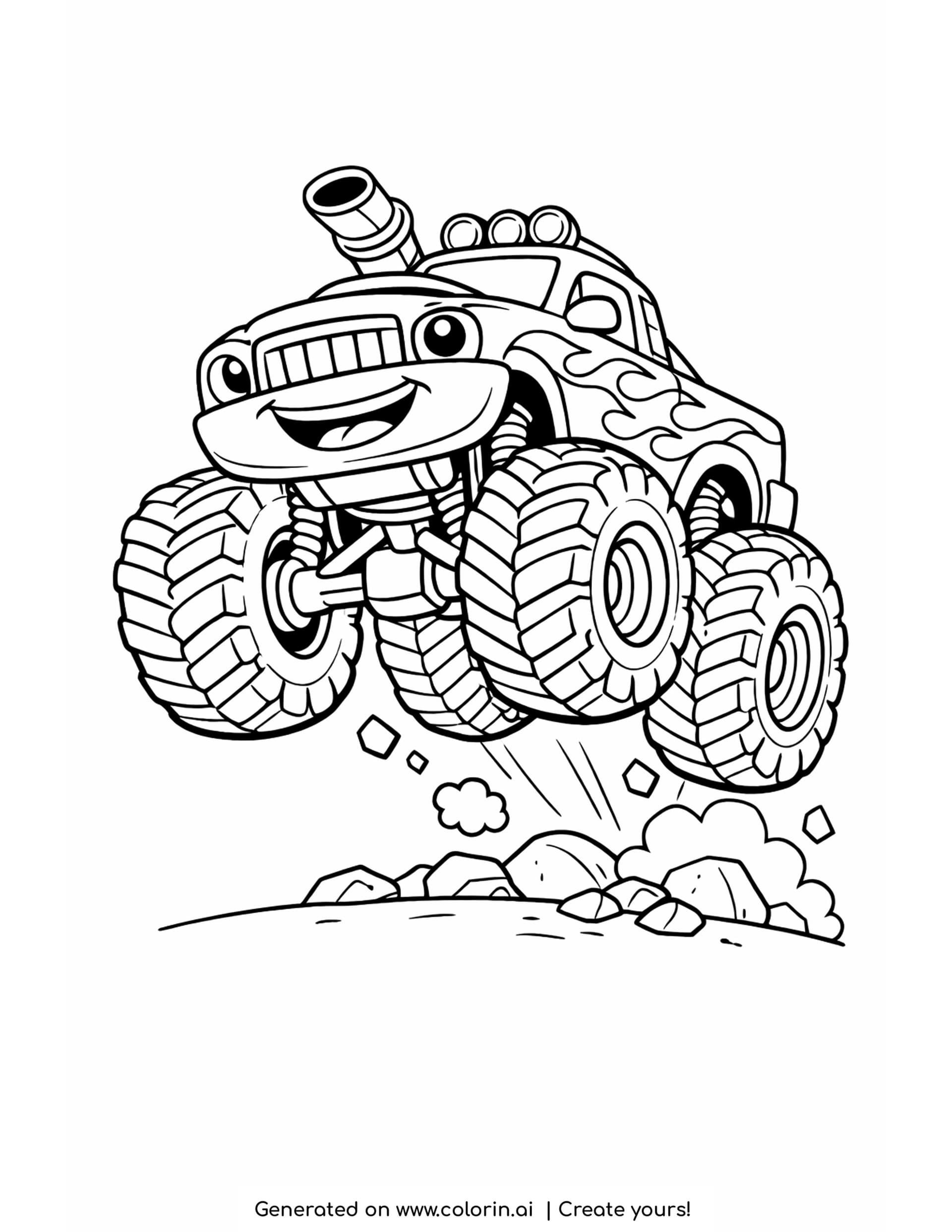 monster truck with flames coloring pages, a smiling monster truck jumping toward the viewer with a flame pattern along its body
