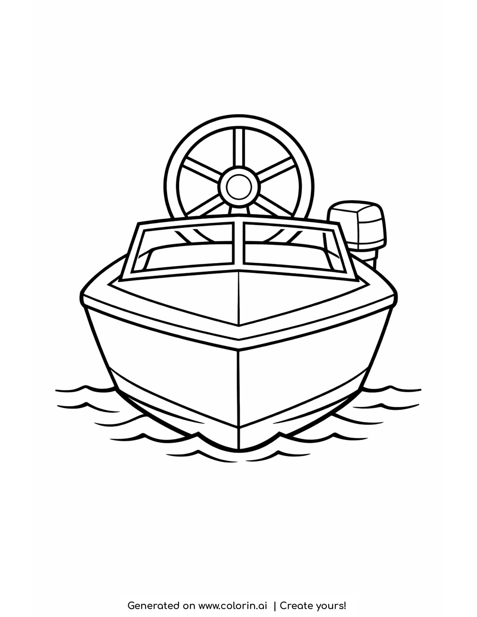motor boat coloring page - a simple motorboat seen from the front with a pointed bow, a two pane windshield, an outboard motor and a ship's wheel above