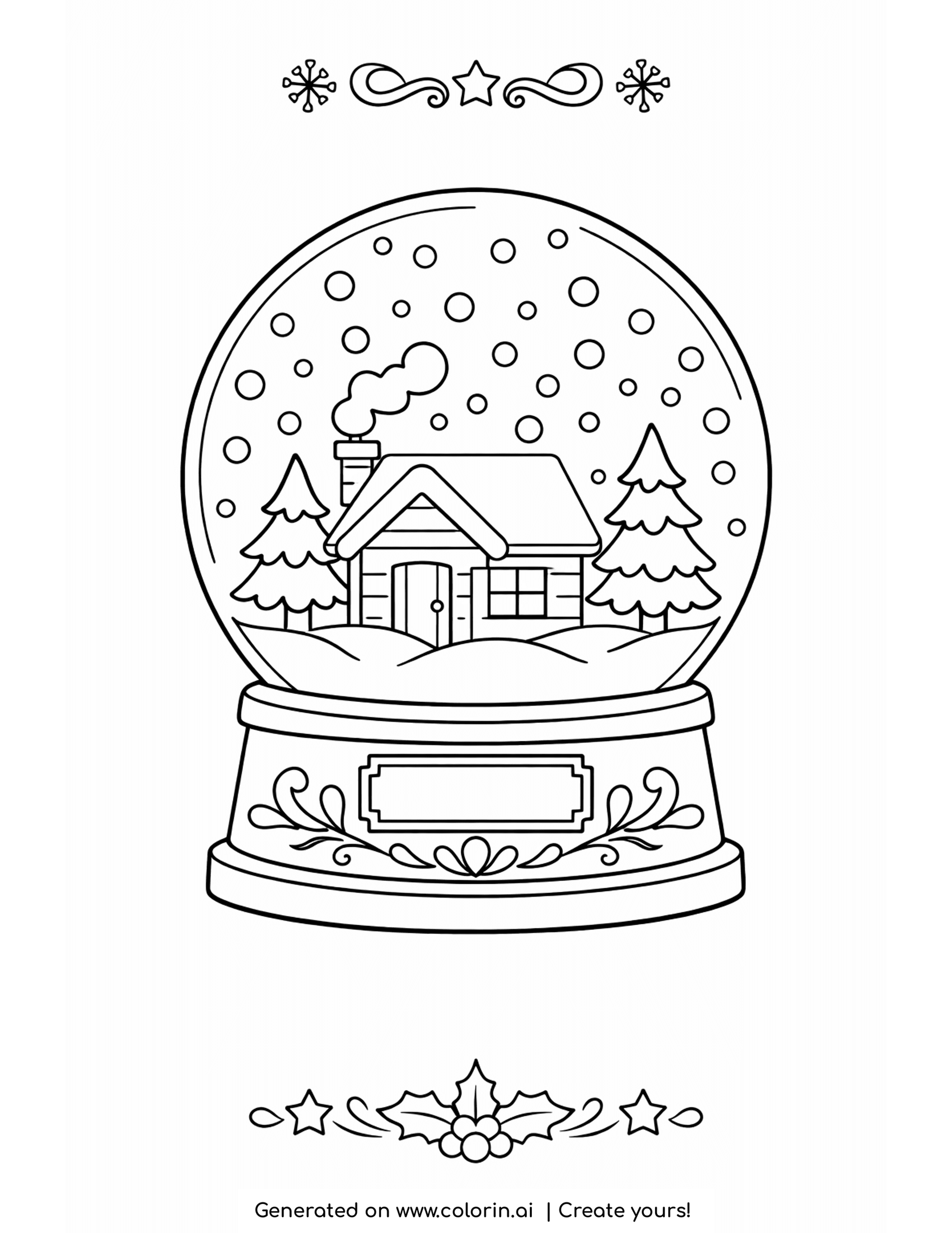 snow globe coloring pages, a snow globe holding a small cabin and pine trees