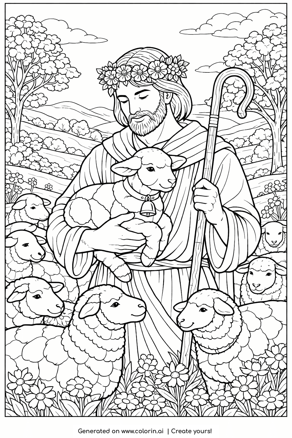 adult bible coloring pages, Jesus the Good Shepherd with a flower crown holding a lamb among sheep in a garden