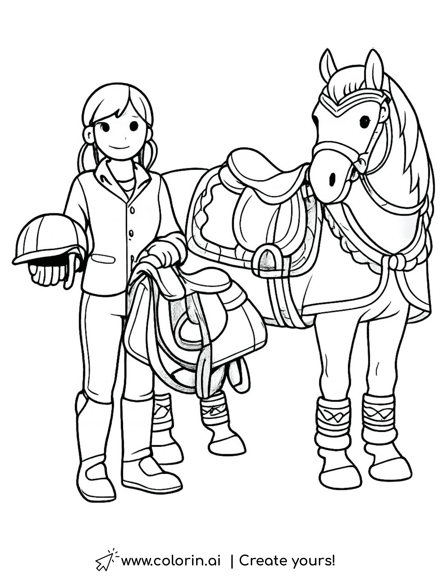 girl holding helmet beside saddled horse coloring page equestrian gear illustration coloring page