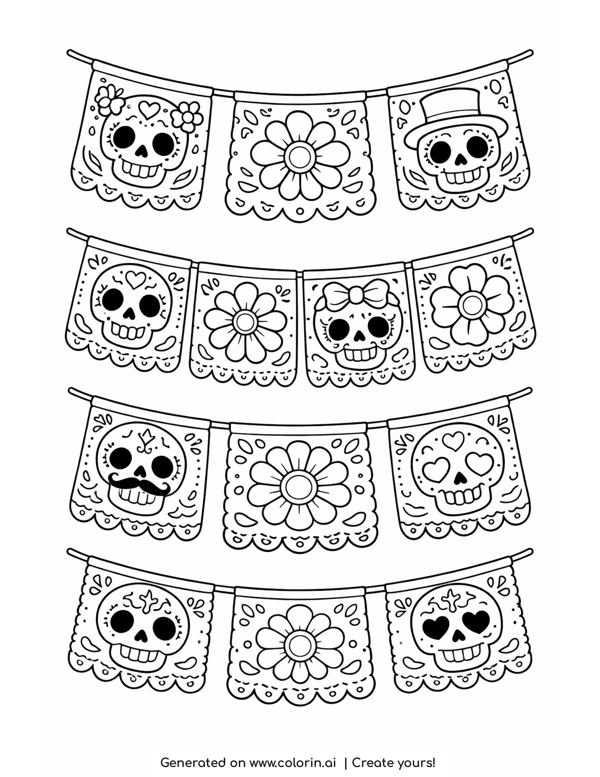 papel picado coloring pages, four hanging rows of cut paper banner flags with sugar skulls and flowers punched out