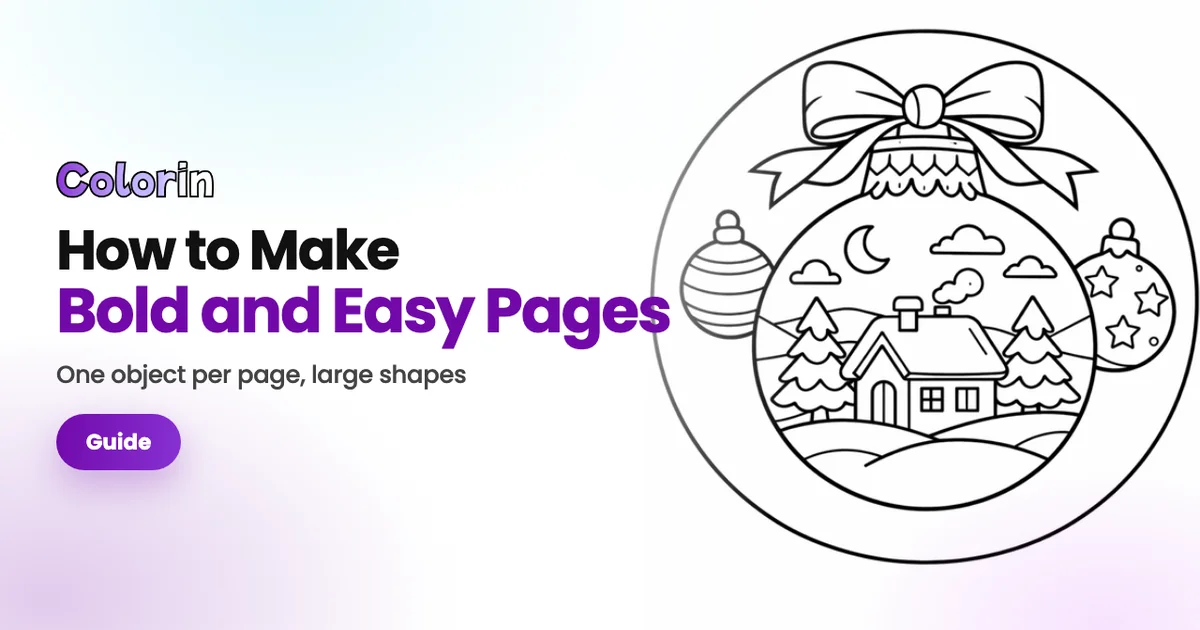 How to make a bold and easy coloring book, a Colorin AI guide cover with a Christmas ornament coloring page beside the title