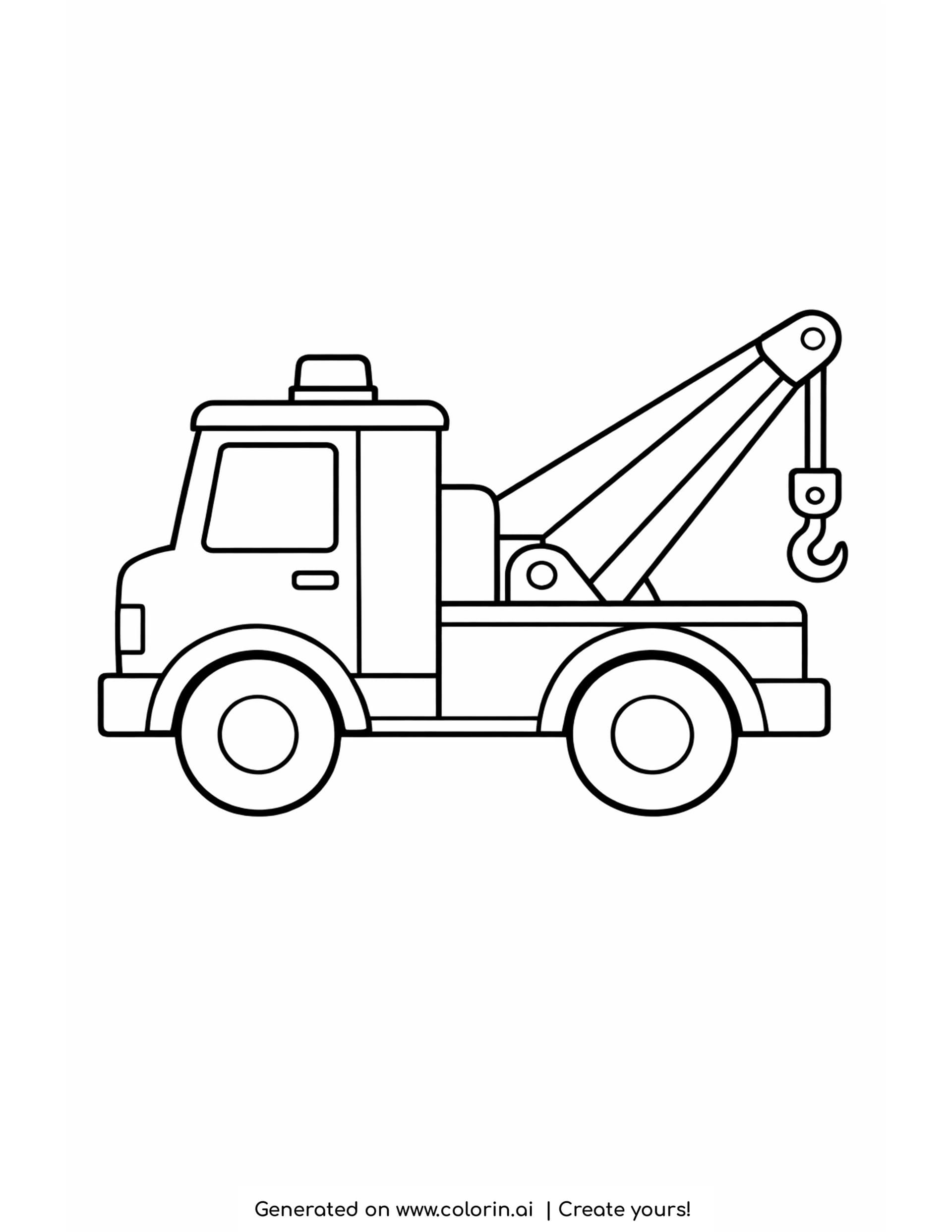 simple tow truck coloring pages: a bold side view tow truck with its hook boom raised at the back