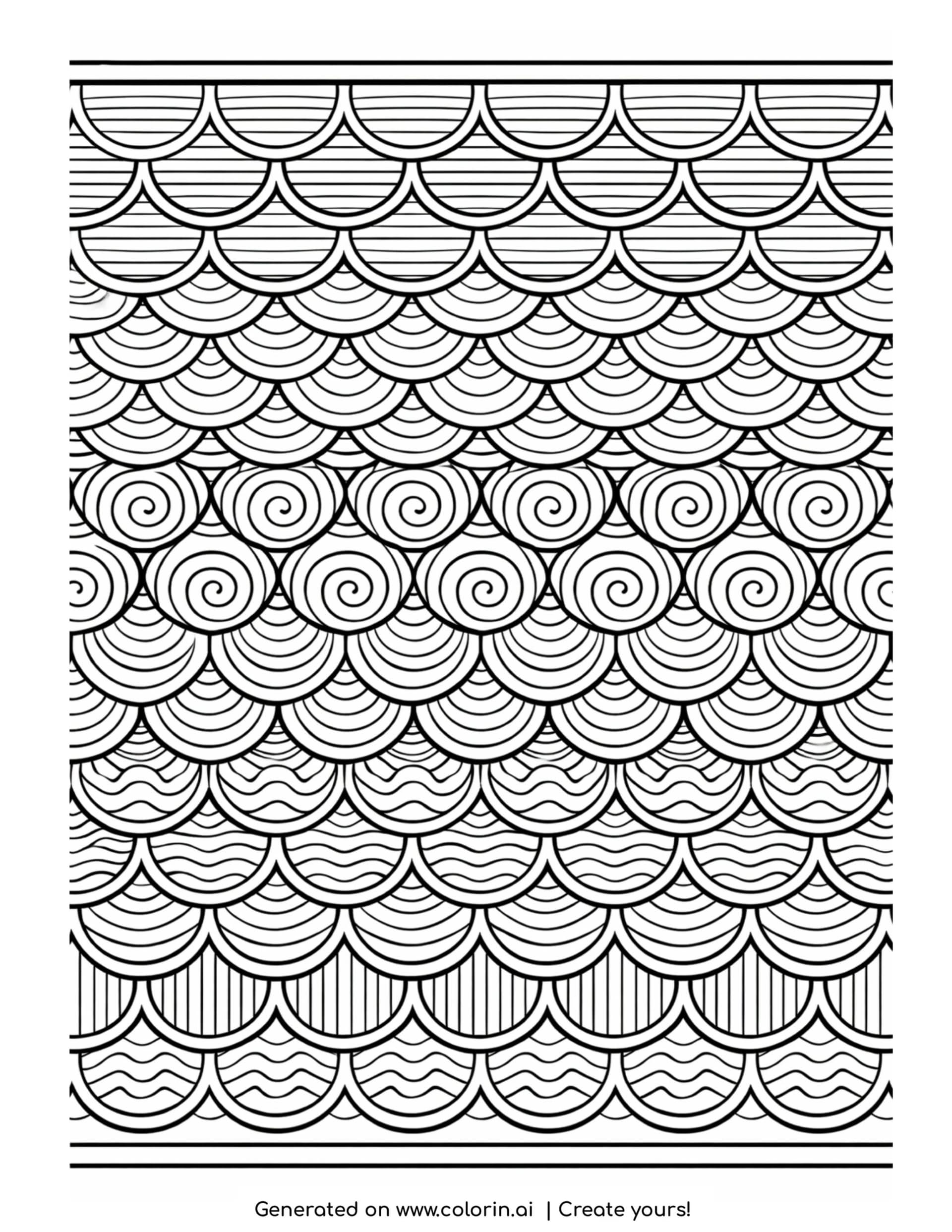 zentangle scale pattern rows coloring page with layered scallop and spiral designs