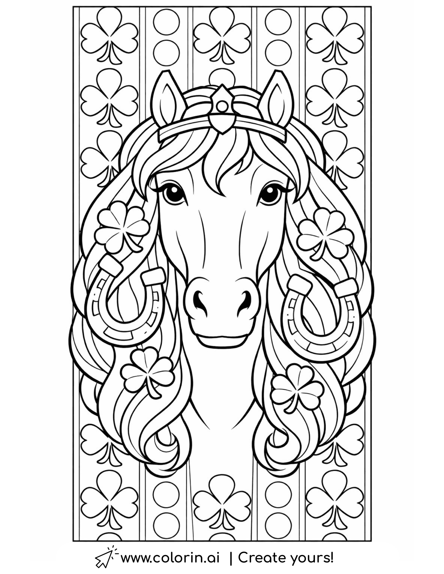 horse with horseshoes and clovers coloring page with decorative shamrock background coloring page