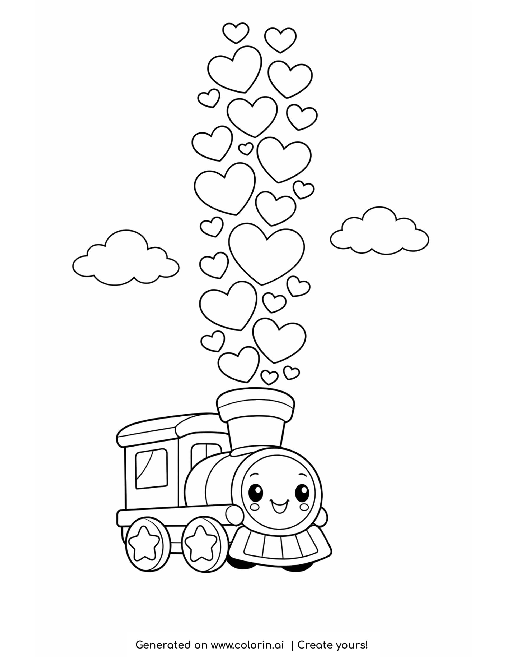 train with star wheels coloring pages: a smiling engine with stars in its wheels puffing a column of hearts
