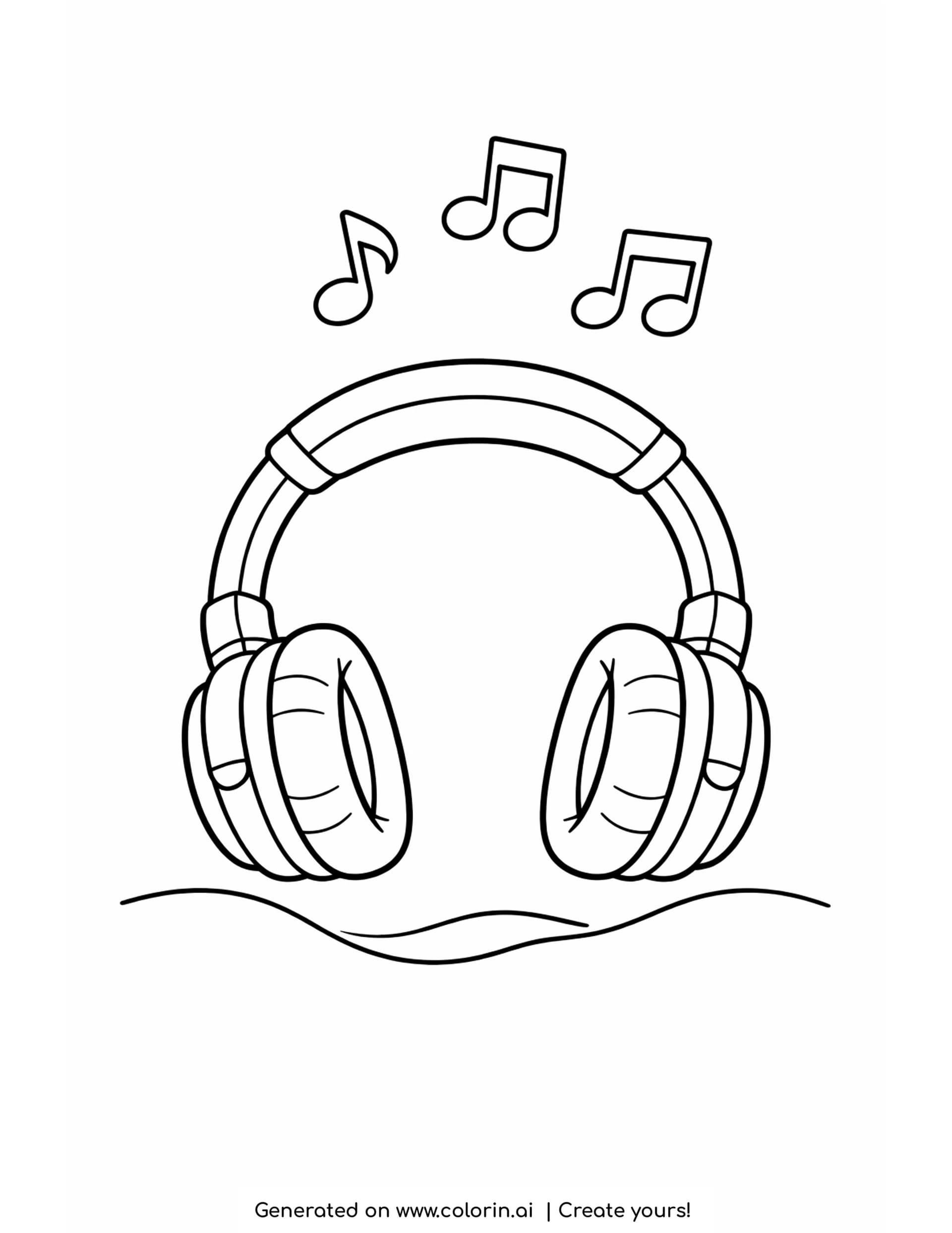 headphones coloring pages - a large padded pair with a curved band and three notes drifting above