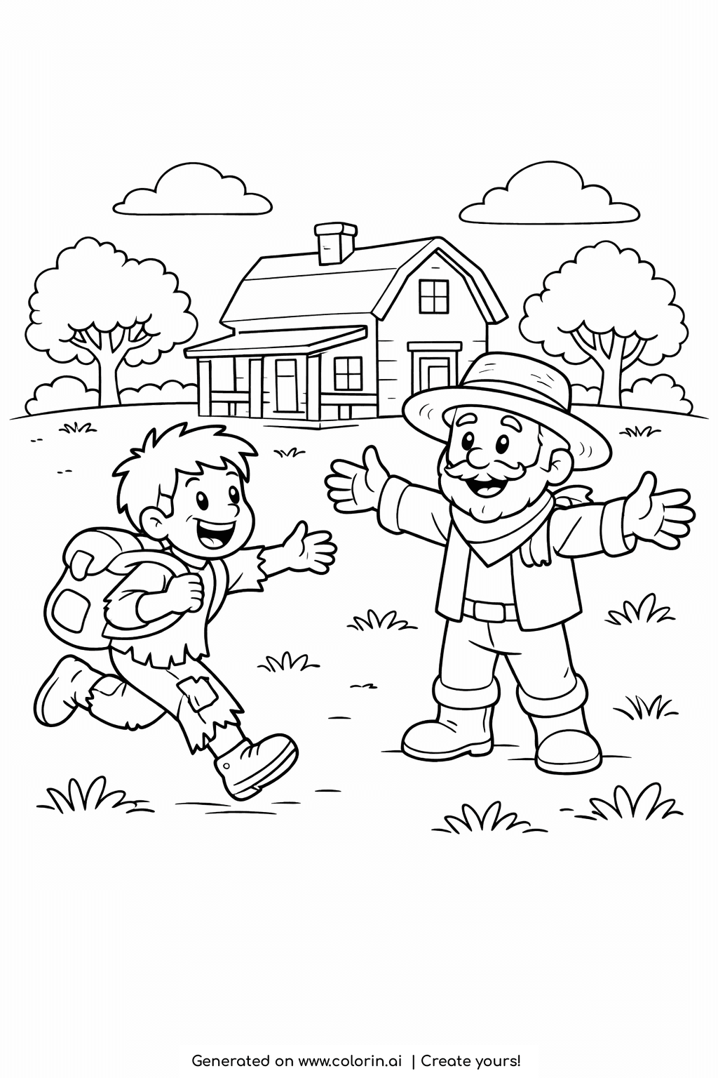 simple bible coloring pages, a joyful prodigal son running to his welcoming father outside their home