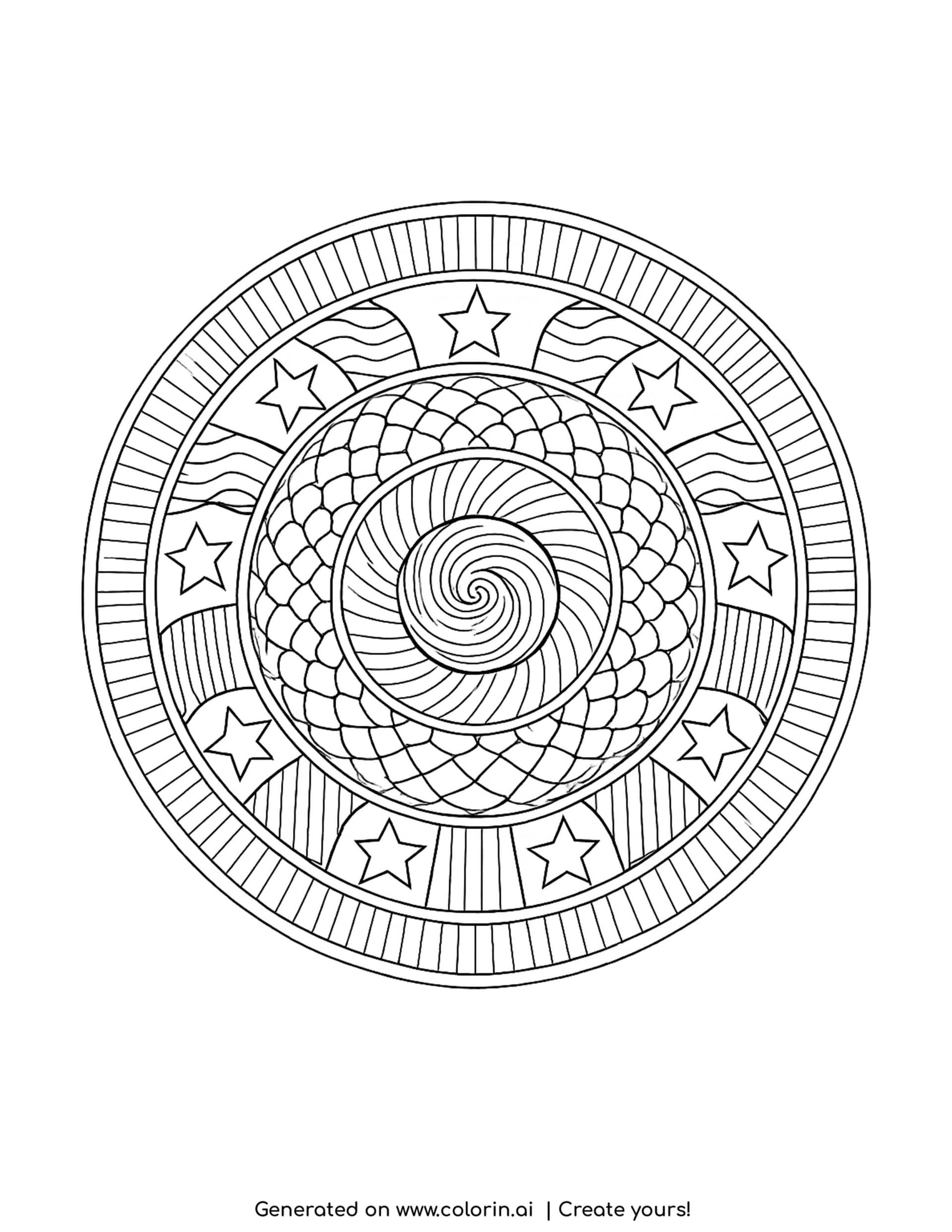 zentangle radial mandala with stars coloring page with spiral center and circular layers