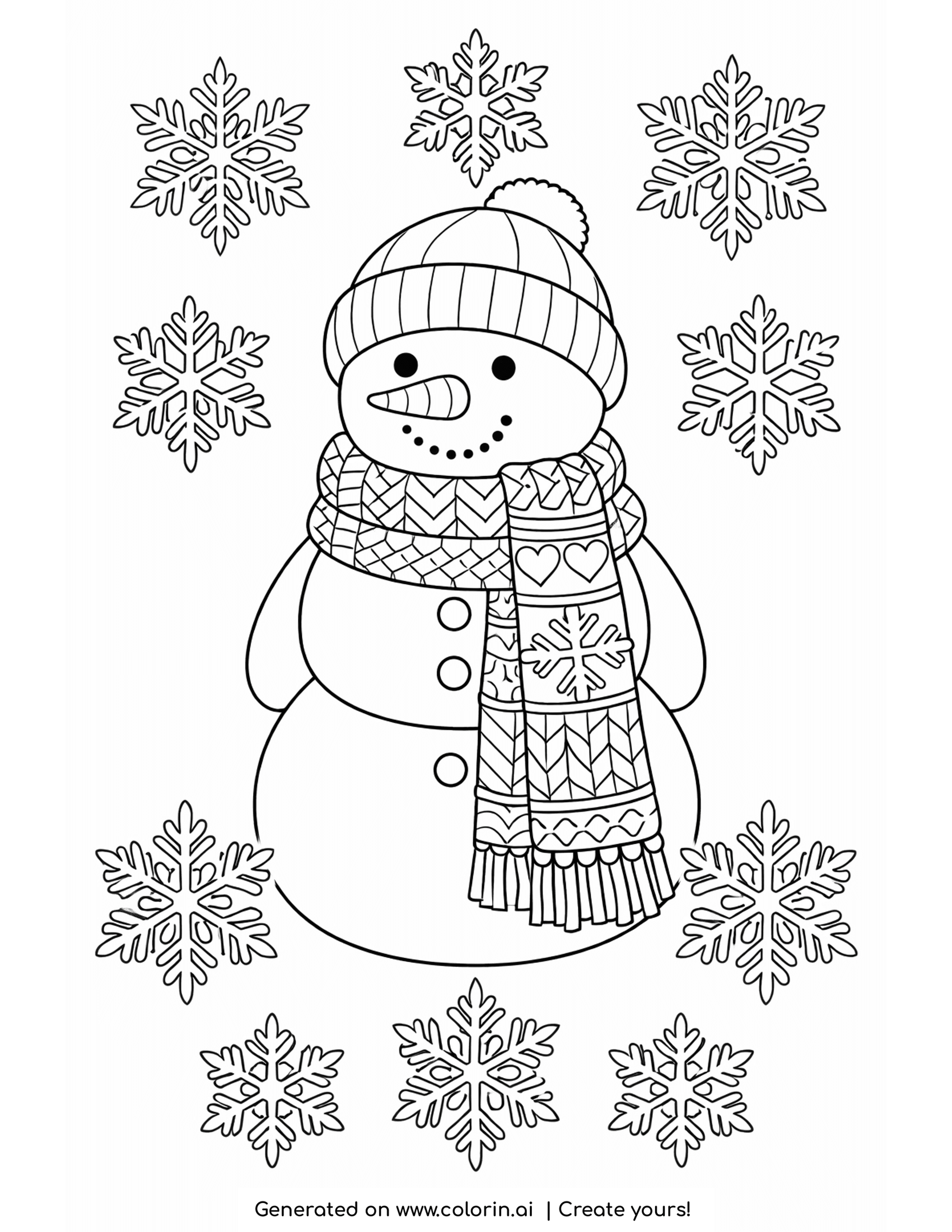 winter coloring pages for adults, a snowman wearing a patterned scarf and knit hat among snowflakes