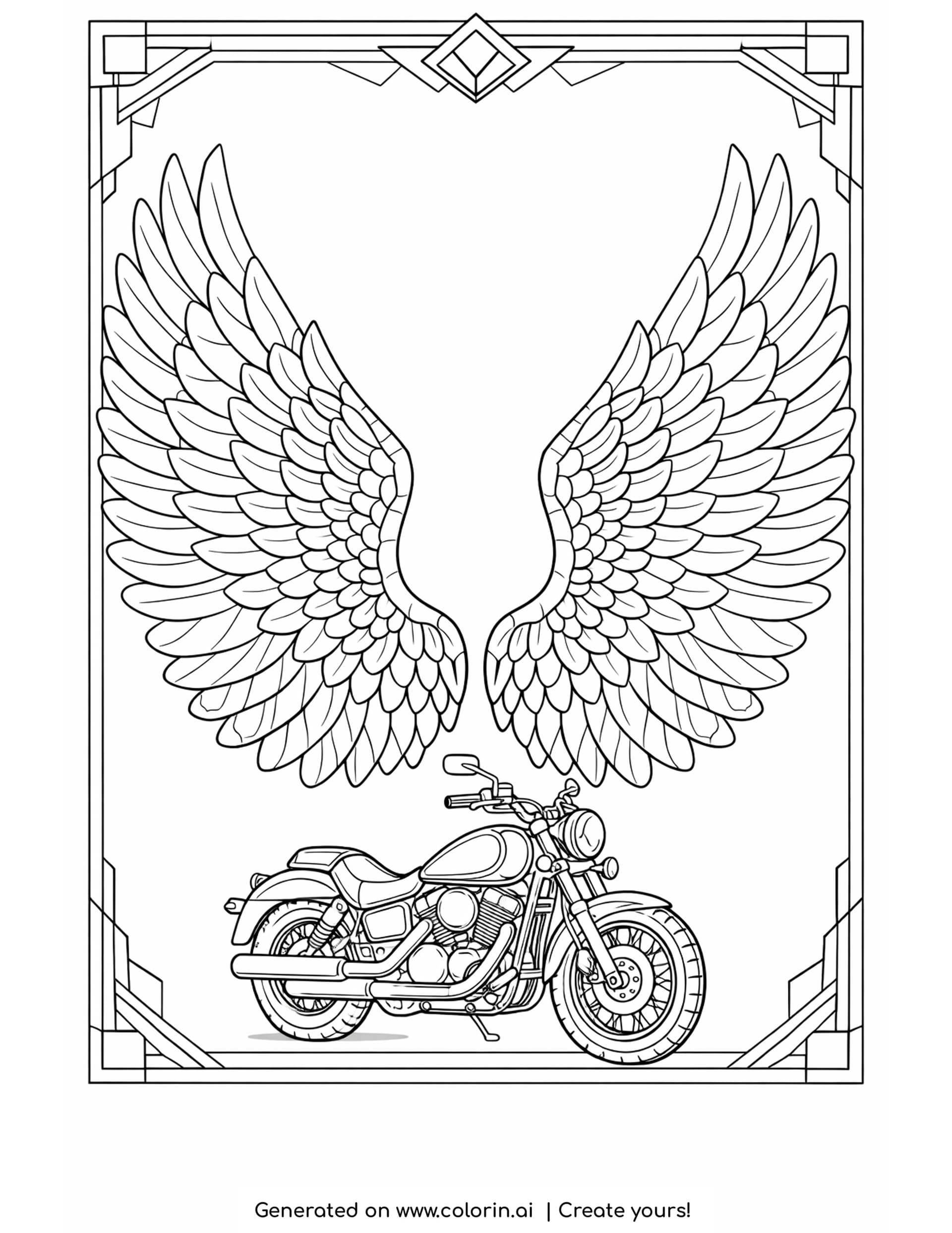 wings coloring pages - spread wings filled with layered repeating feather patterns above a small motorcycle