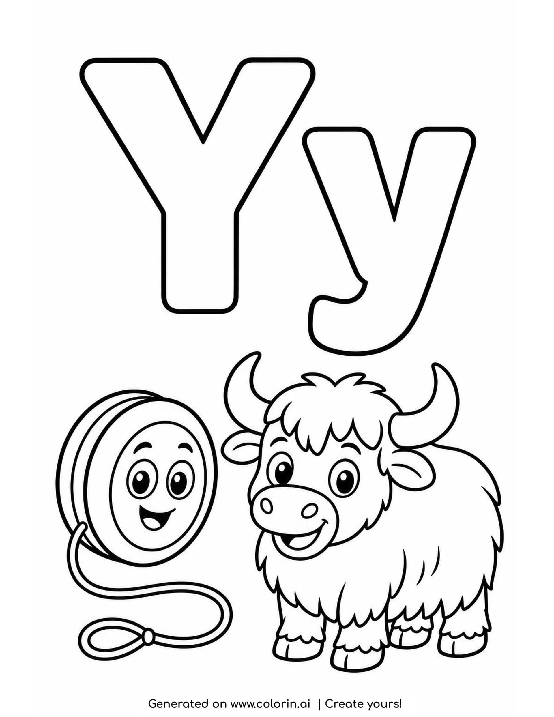 A letter Y coloring page with a hollow capital Y and lowercase y above a shaggy yak with curved horns and a yo-yo with a smiling face