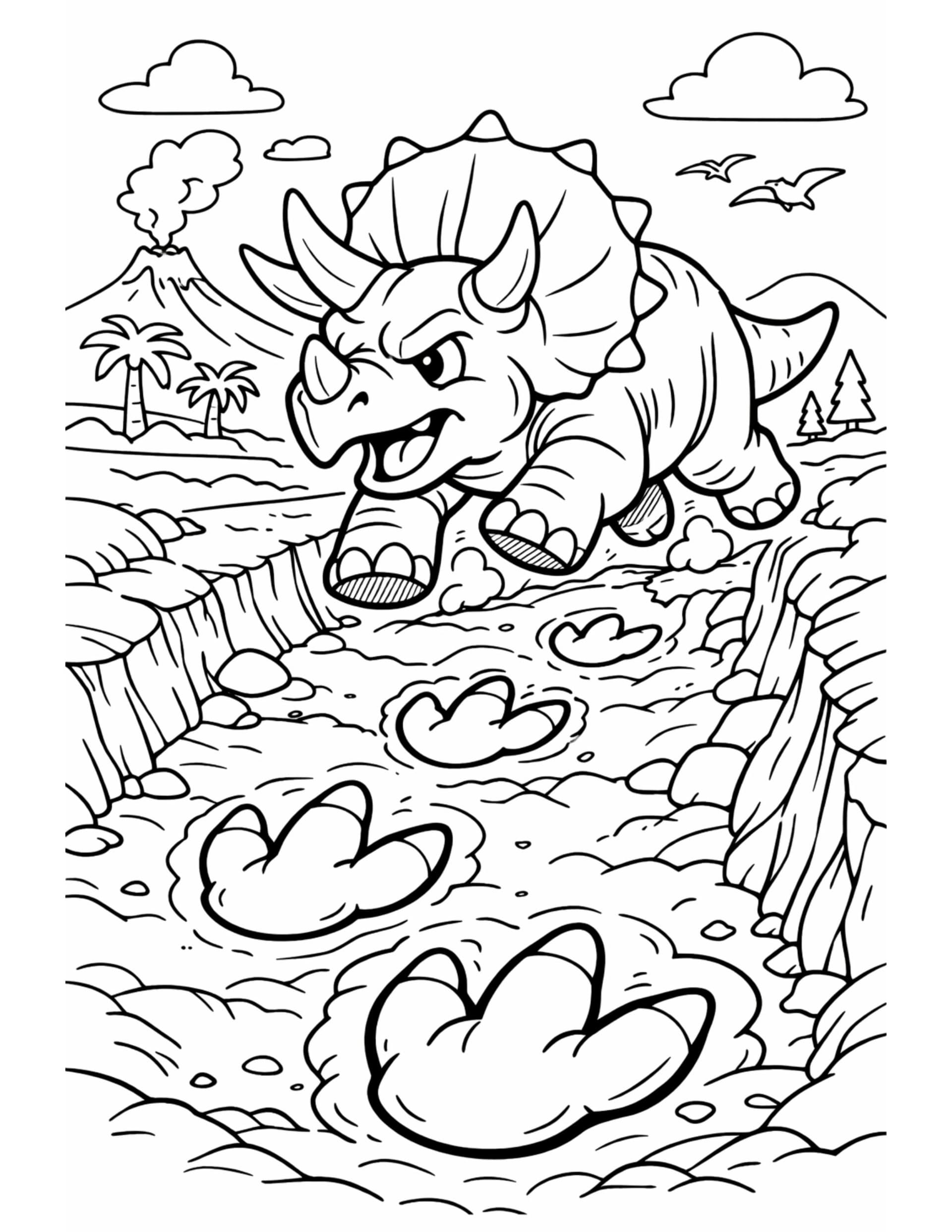 triceratops running on muddy track coloring page with a volcano, birds, and giant footprints coloring page